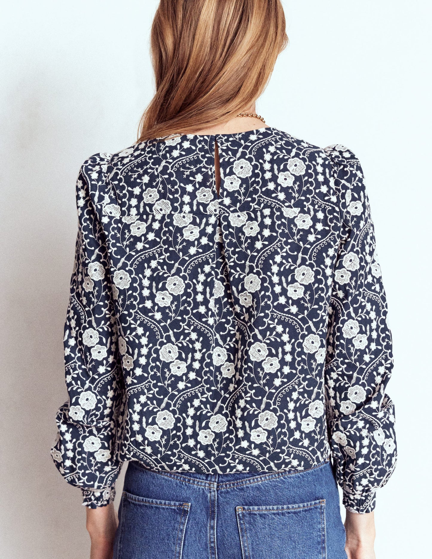 Embroidered Cotton Top-Navy