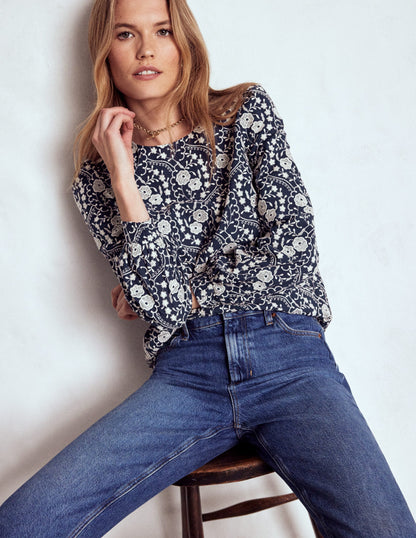 Embroidered Cotton Top-Navy-4