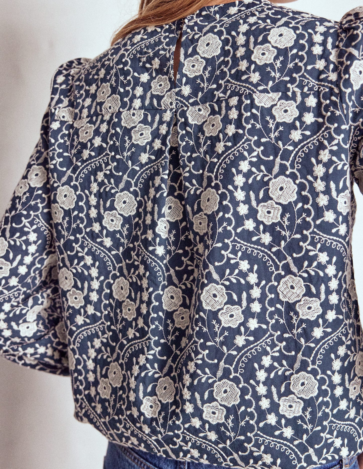 Embroidered Cotton Top-Navy