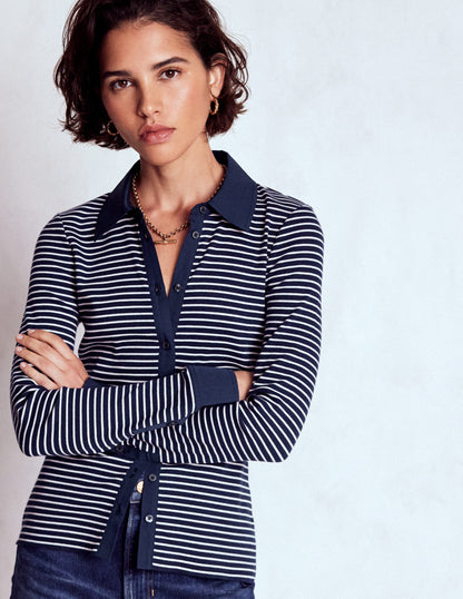 Collared Button Through Top-Navy and Ivory Stripe-4