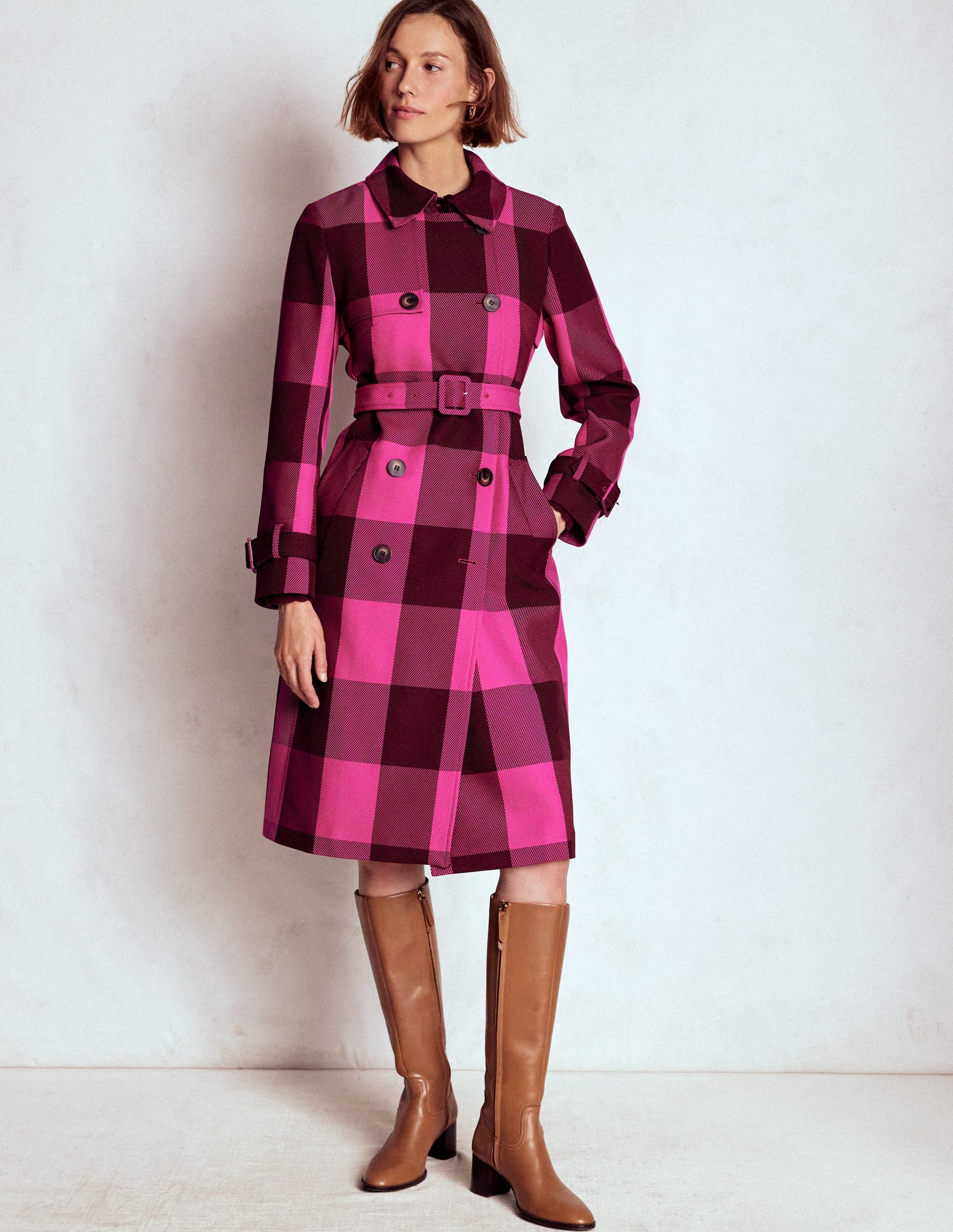 Cheltenham Trench Coat-Pink Peony, Chestnut Gingham - Image 6