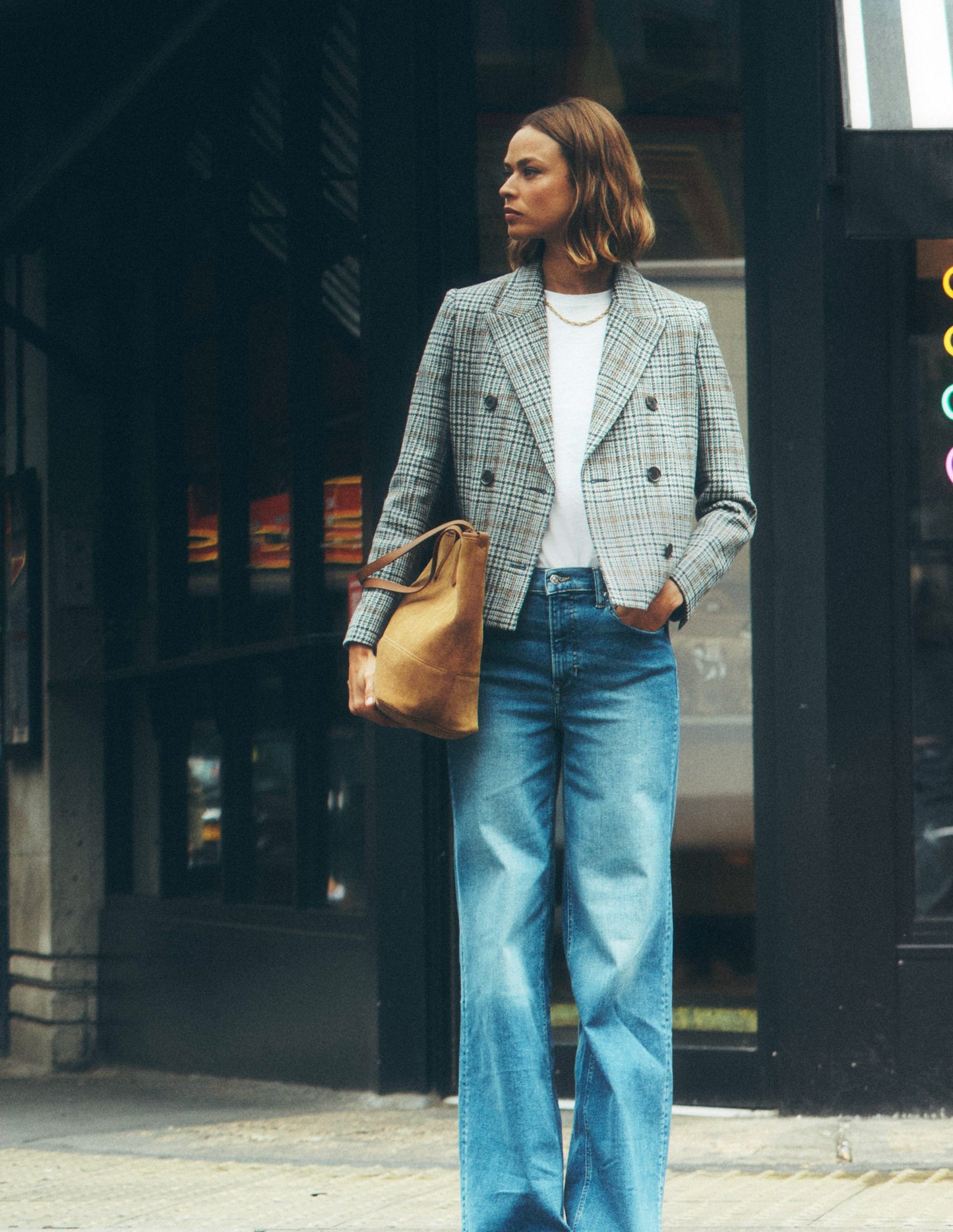 Boxy Double Breasted Blazer-Blue and Grey Prince of Wales