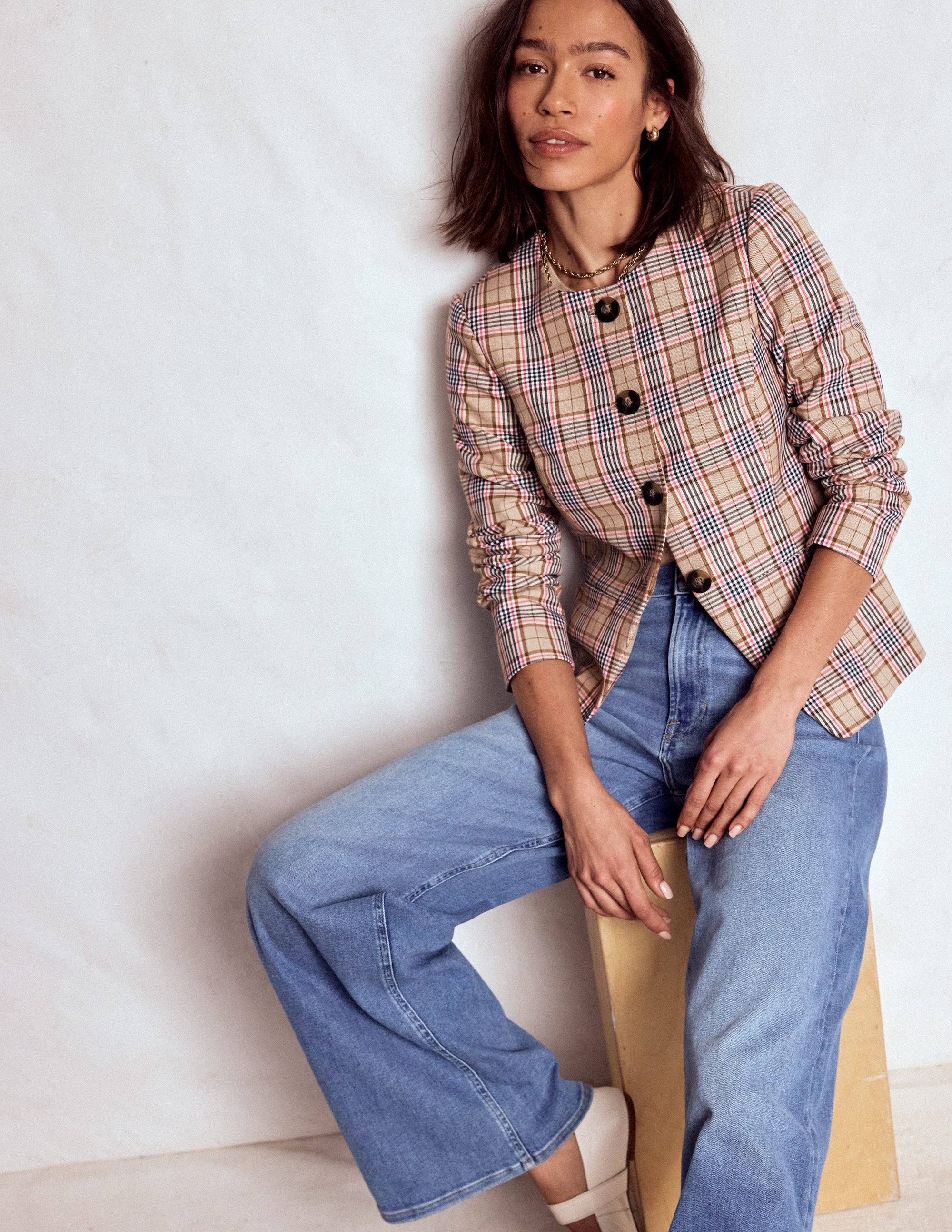 Hampstead Linen Blazer-Brown, Pink & Navy  Check - Image 1
