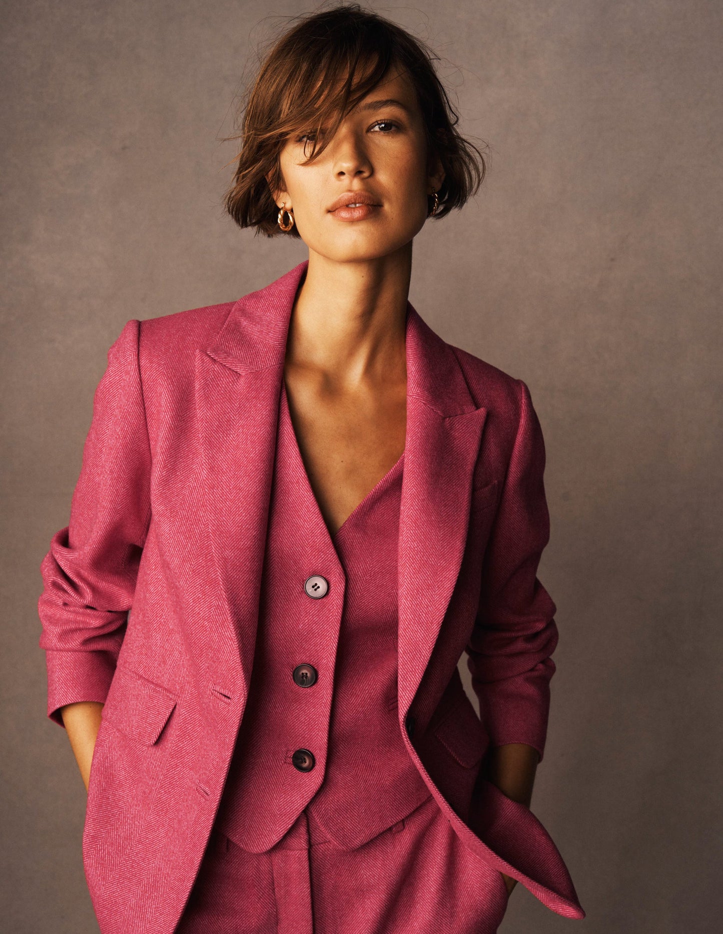 Stamford Wool-Blend Blazer-Red and Pink Wide Herringbone