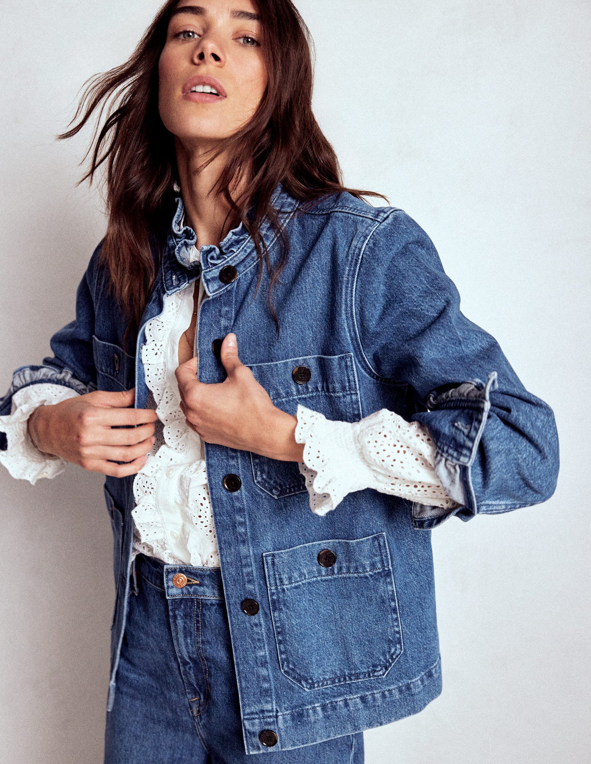 Custom Embroidered Popped Collar Denim Jacket Denim Frill Collar