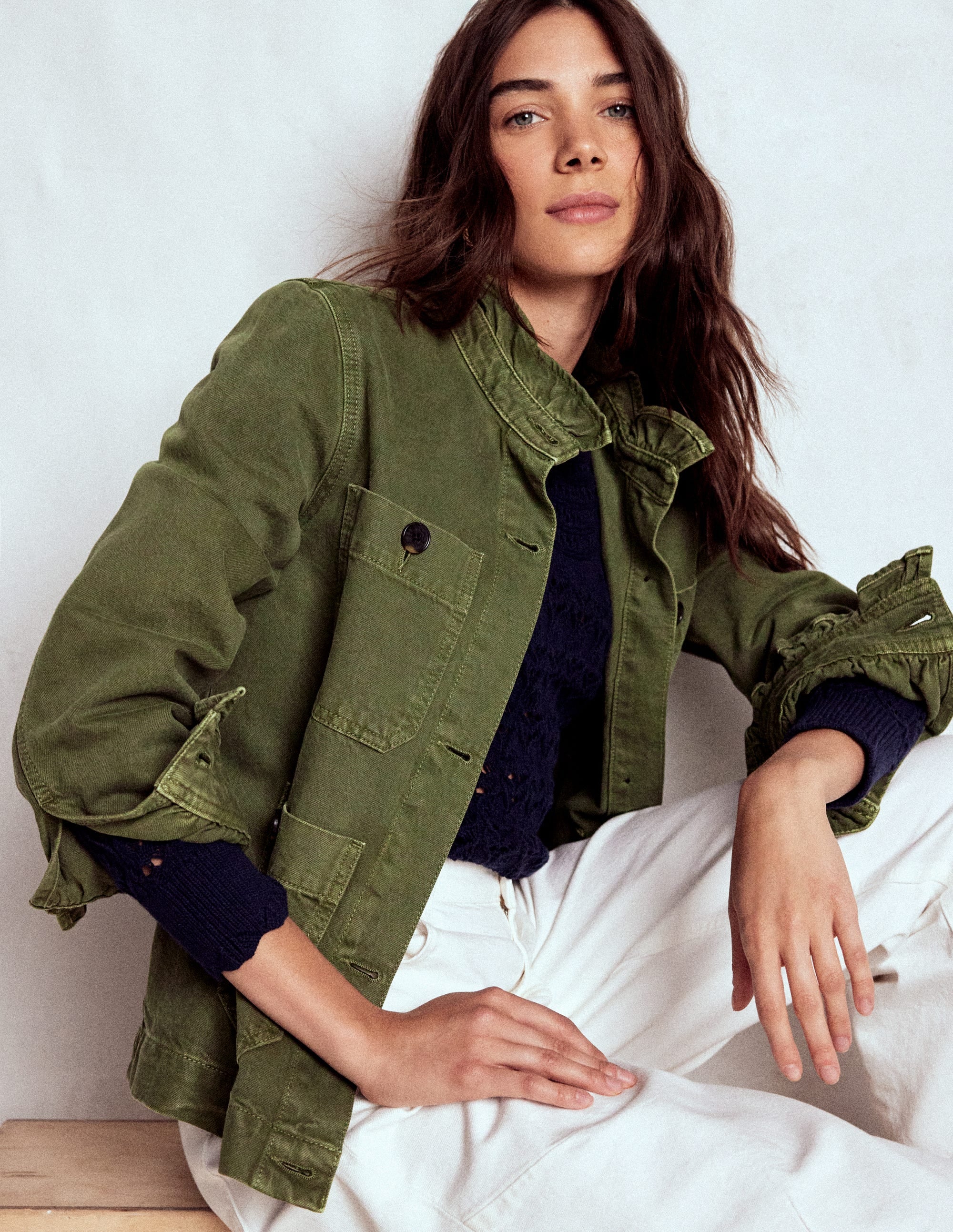 Cotton Frill Collar Jacket-Woodland Green - Image 1