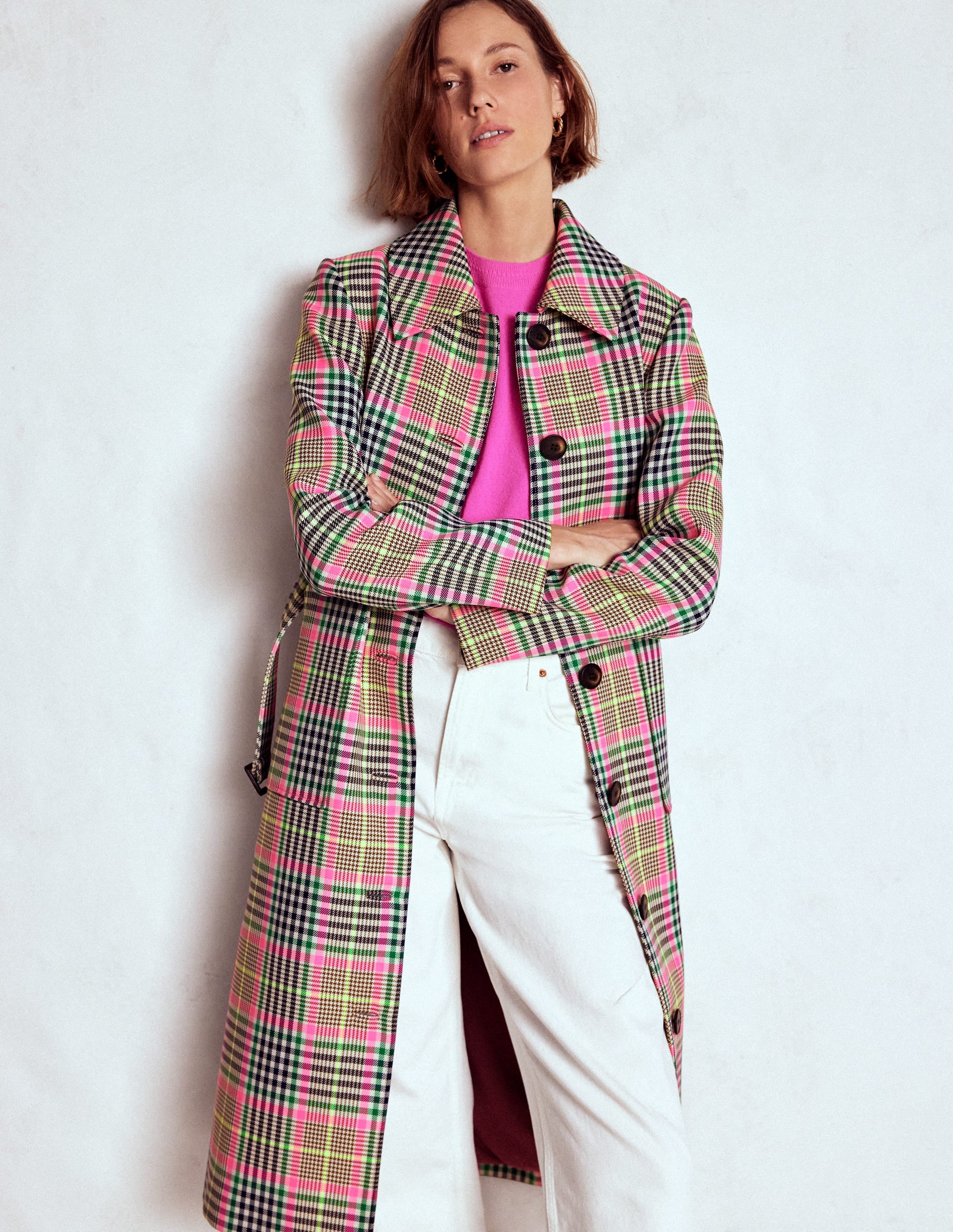 Lancaster Belted Mac-Brown, Neon Pink Check - Image 1