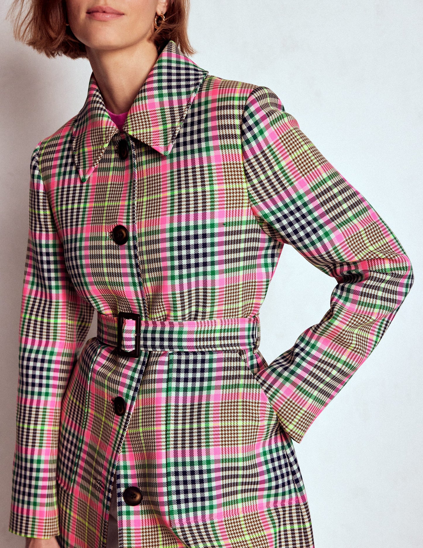 Lancaster Belted Mac-Brown, Neon Pink Check