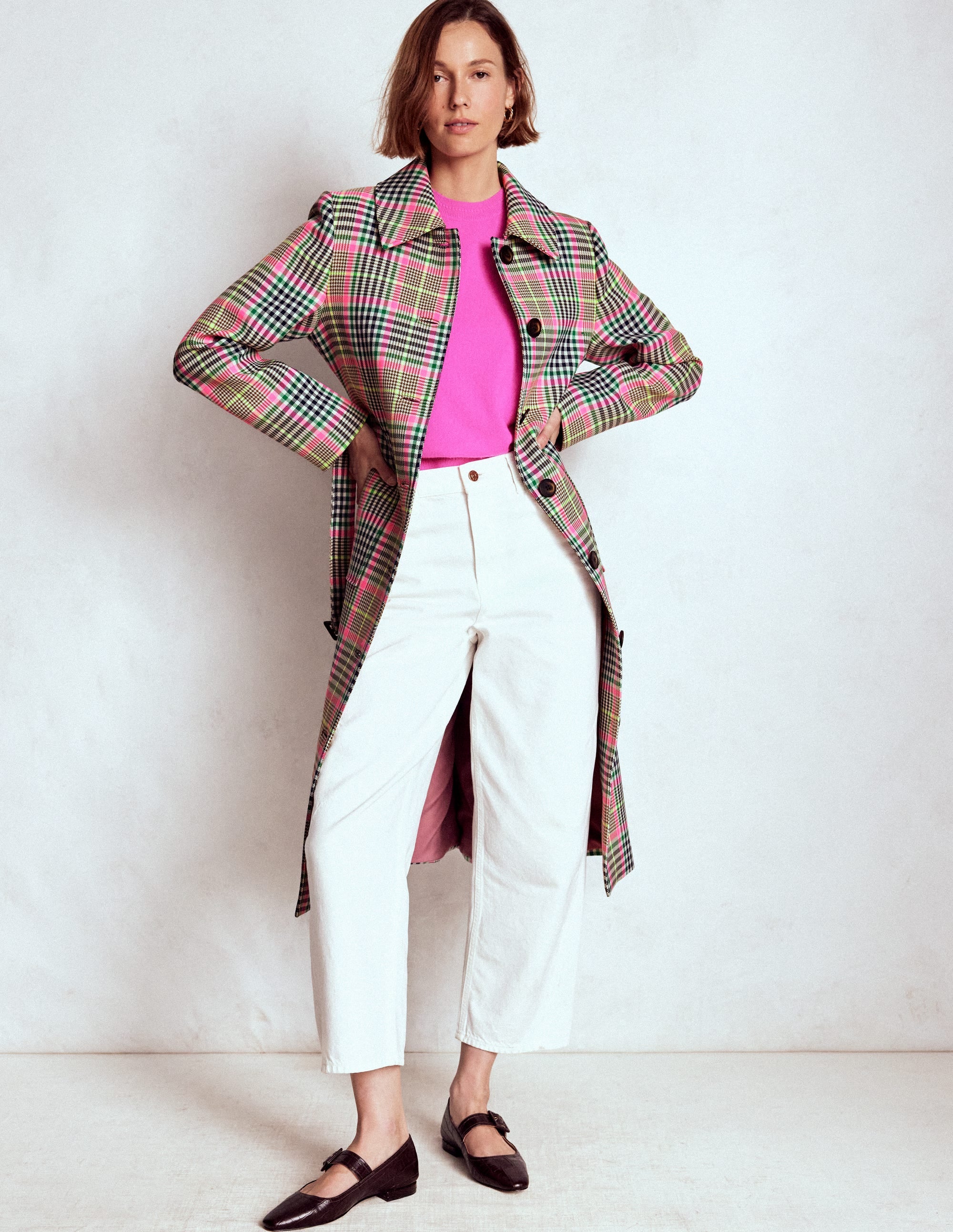 Lancaster Belted Mac-Brown, Neon Pink Check - Image 5