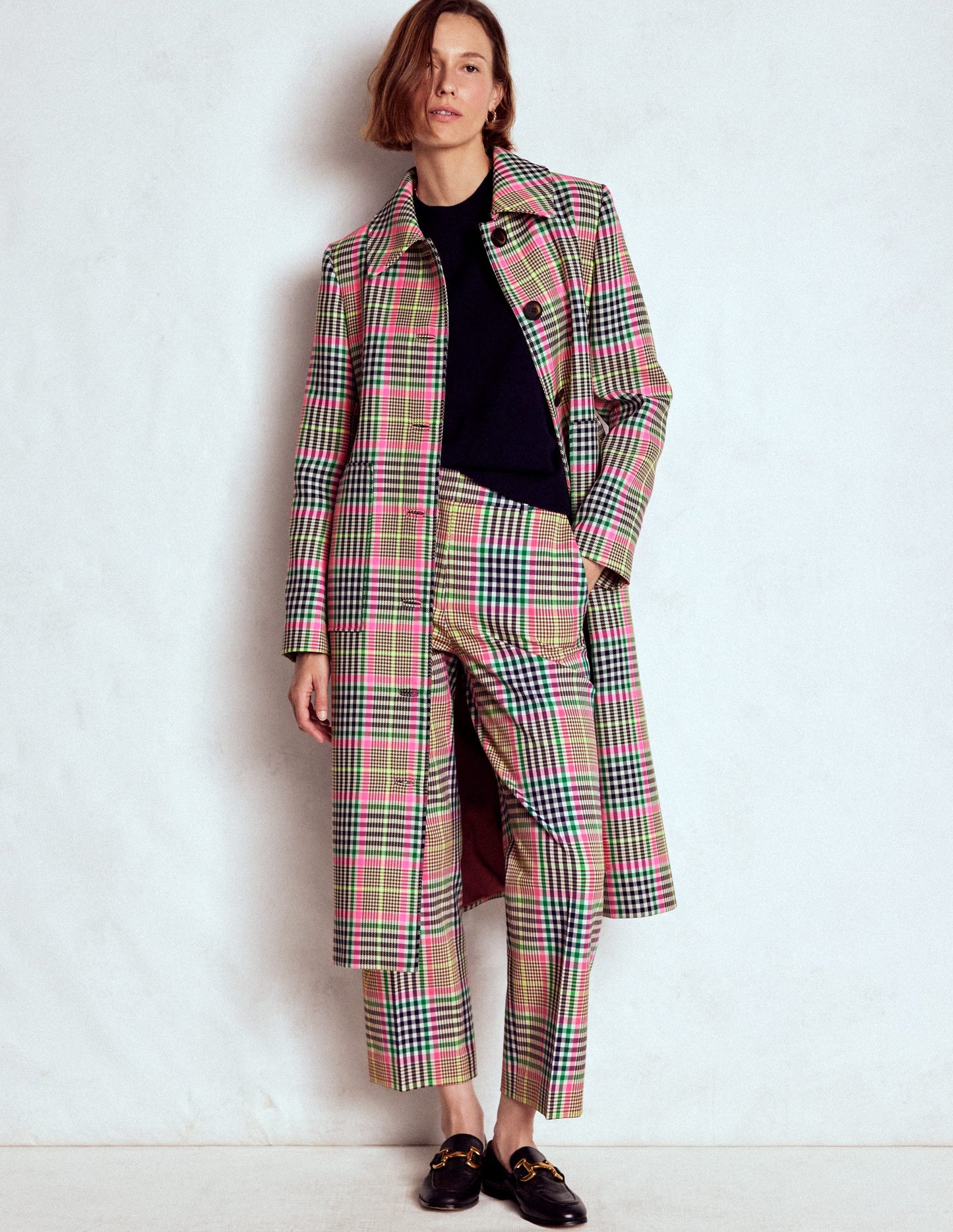 Lancaster Belted Mac-Brown, Neon Pink Check
