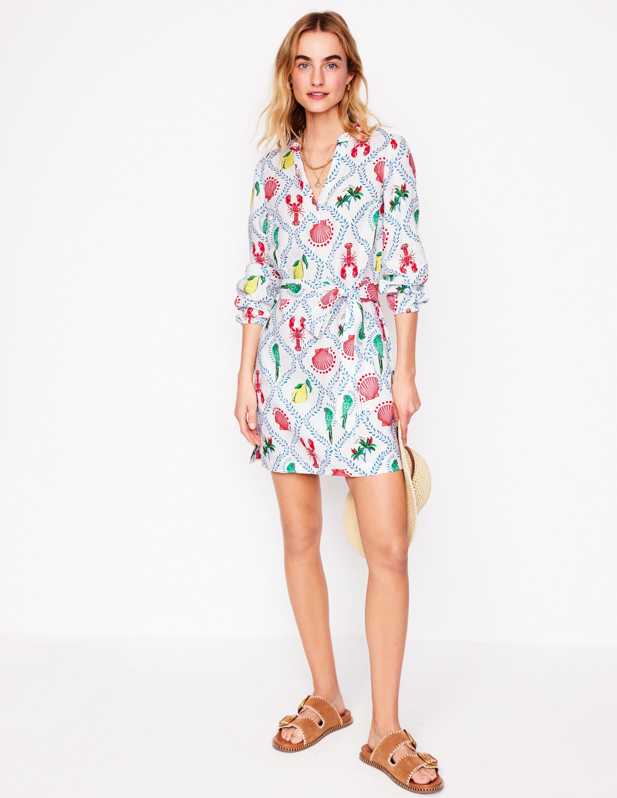 Cleo Linen Tie Waist Dress-Ivory, Tropical Bonanza Vine - Image 4