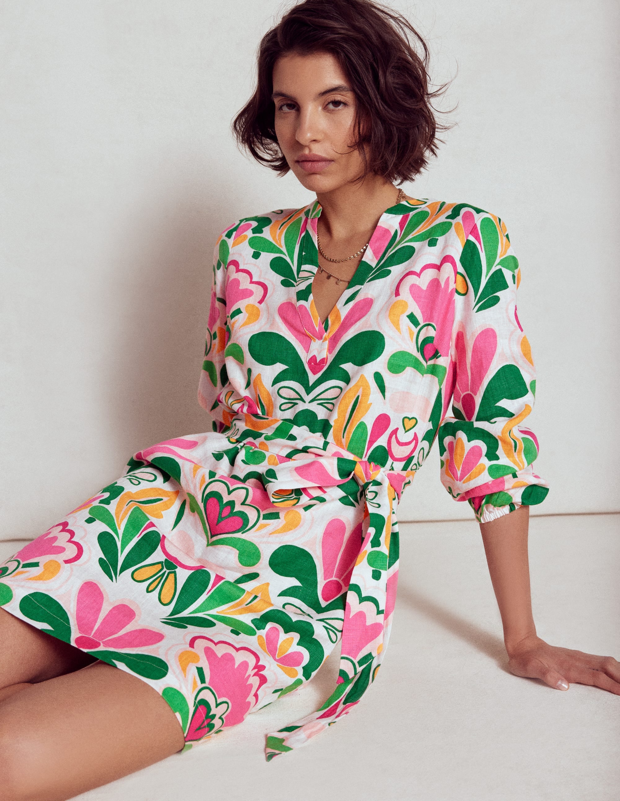 Cleo Linen Tie Waist Dress-Multi, Freesia Stamp - Image 2
