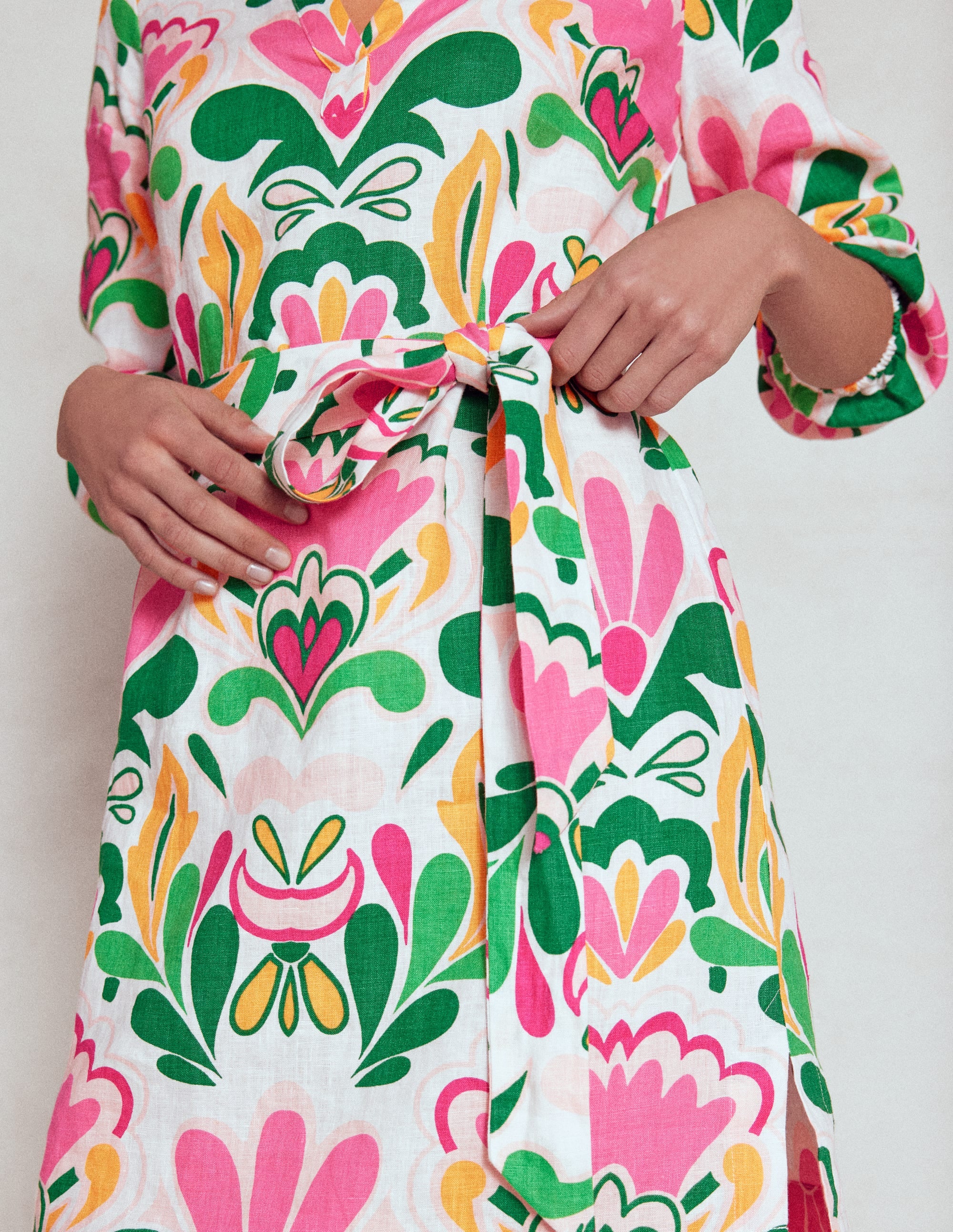 Cleo Linen Tie Waist Dress-Multi, Freesia Stamp - Image 3
