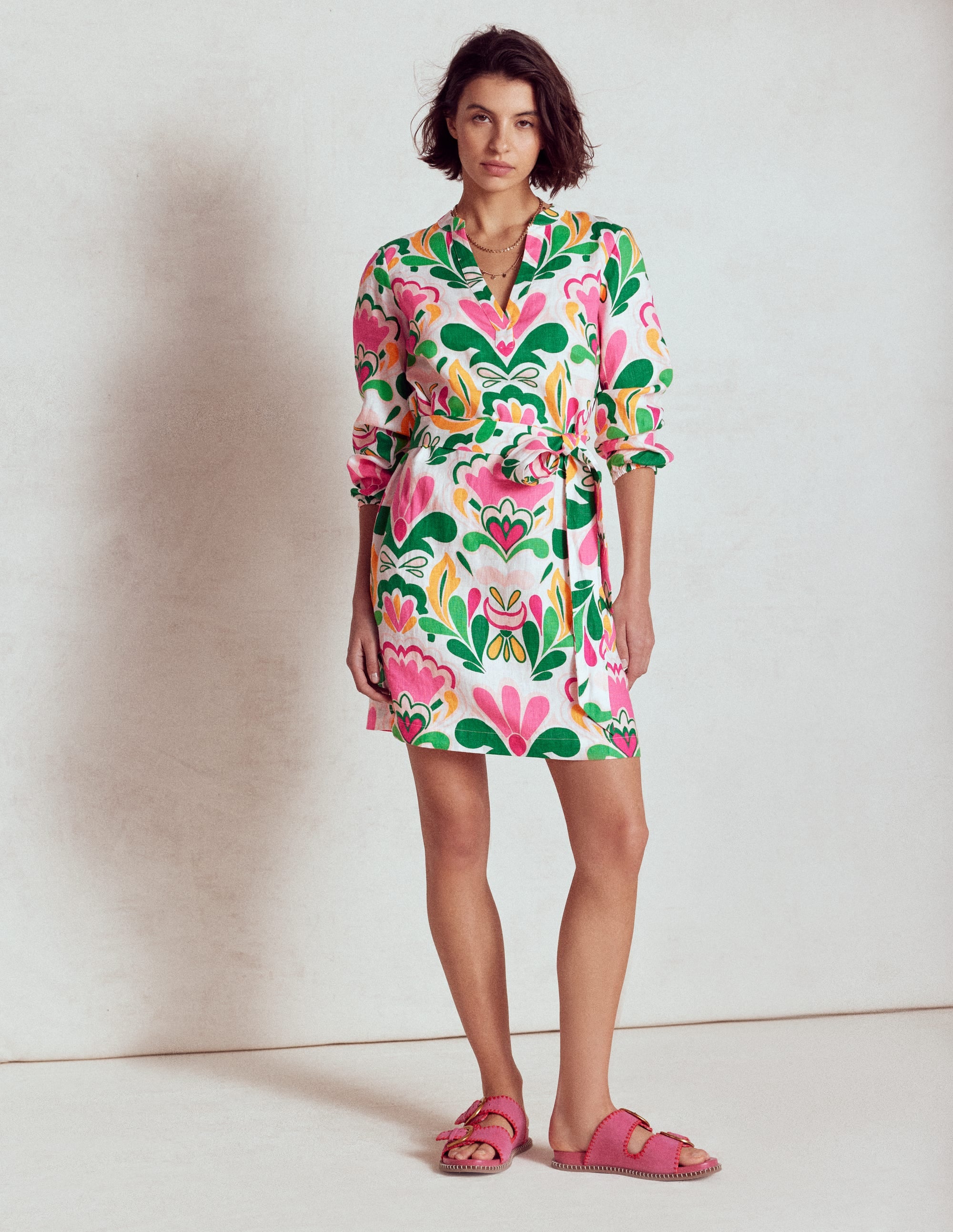 Cleo Linen Tie Waist Dress-Multi, Freesia Stamp - Image 5