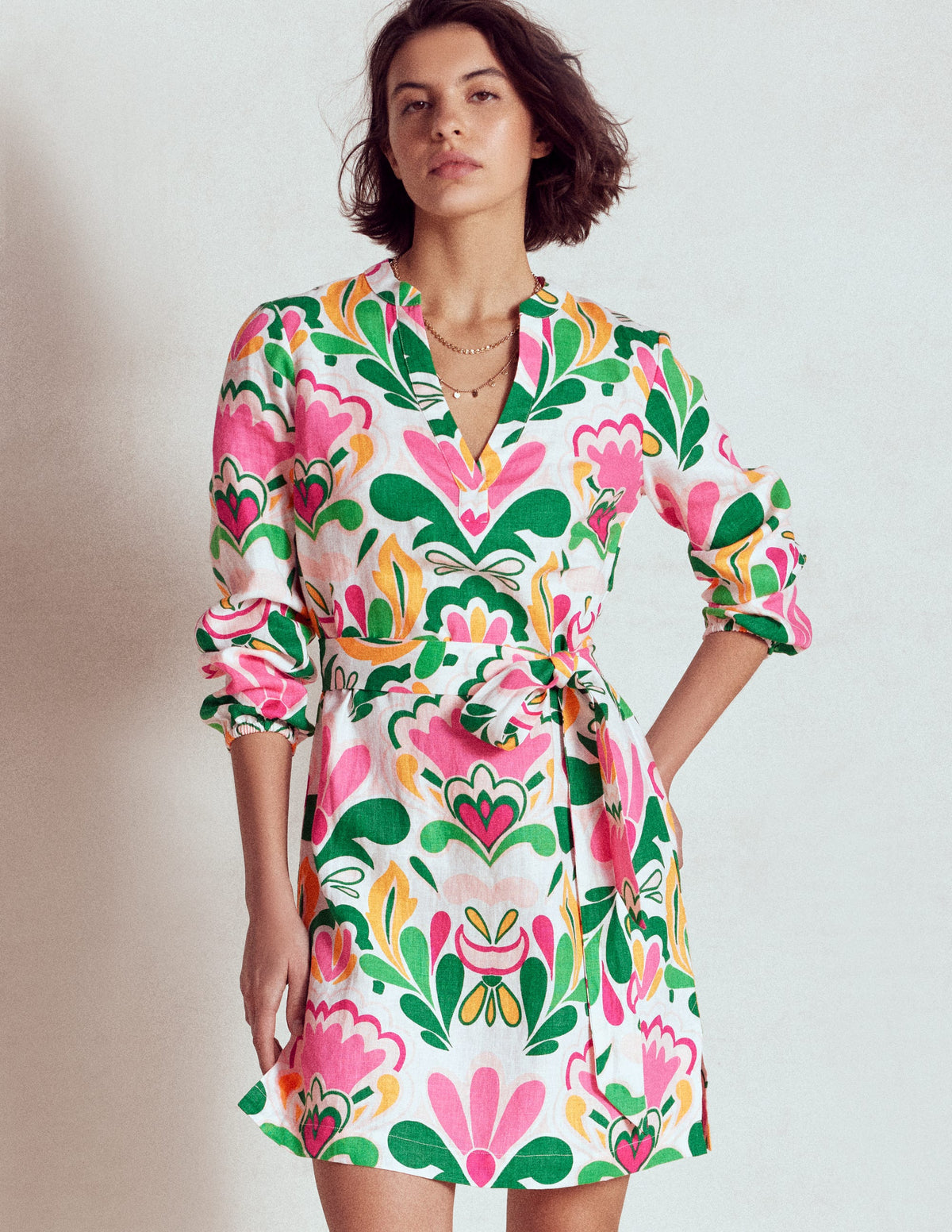 Cleo Linen Tie Waist Dress-Multi, Freesia Stamp - Image 6