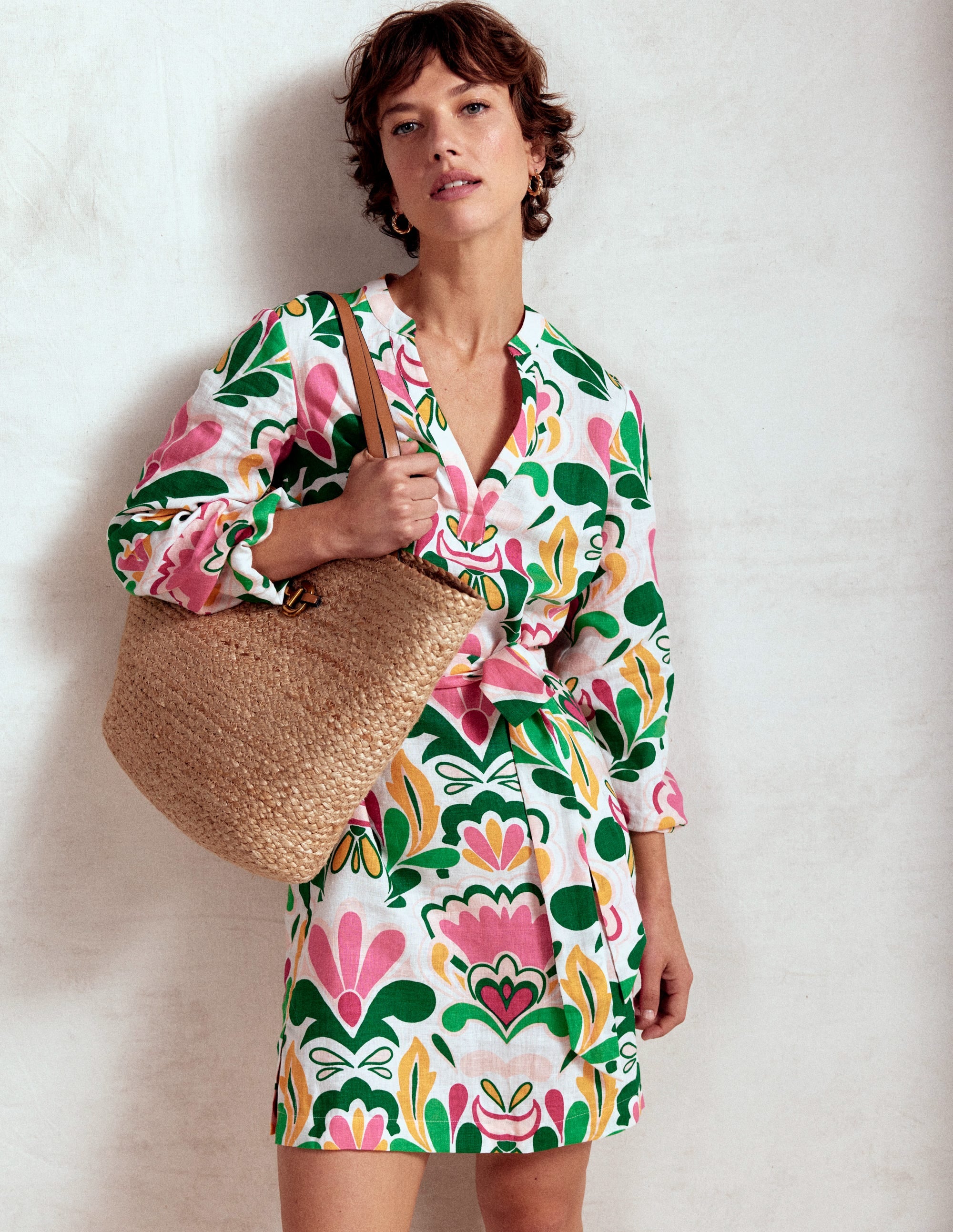 Cleo Linen Tie Waist Dress-Multi, Freesia Stamp - Image 1