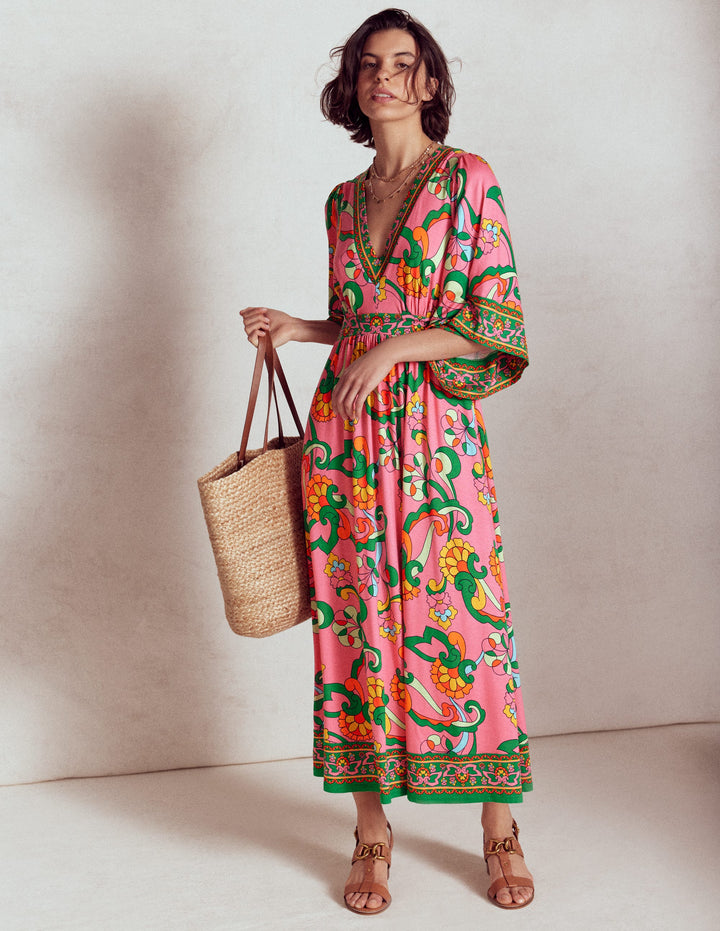 Maya Kimono Jersey Maxi Dress-Pink Rose, Foliage Trail