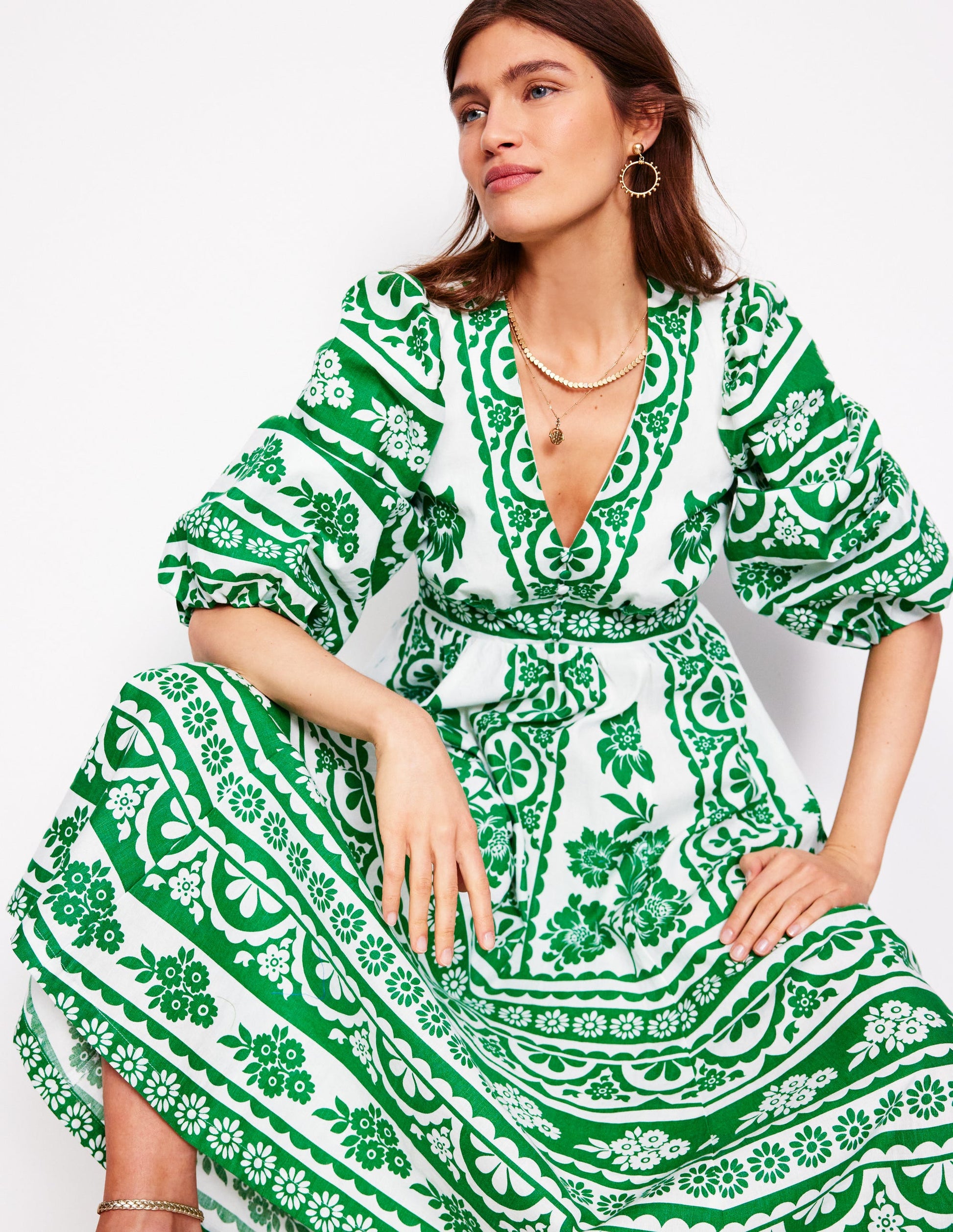 Lola Blouson Maxi Dress-Rich Emerald, Ornate Tropics | Boden UK Lola Blouson Maxi Dress-Rich Emerald, Ornate Tropics | Boden UK