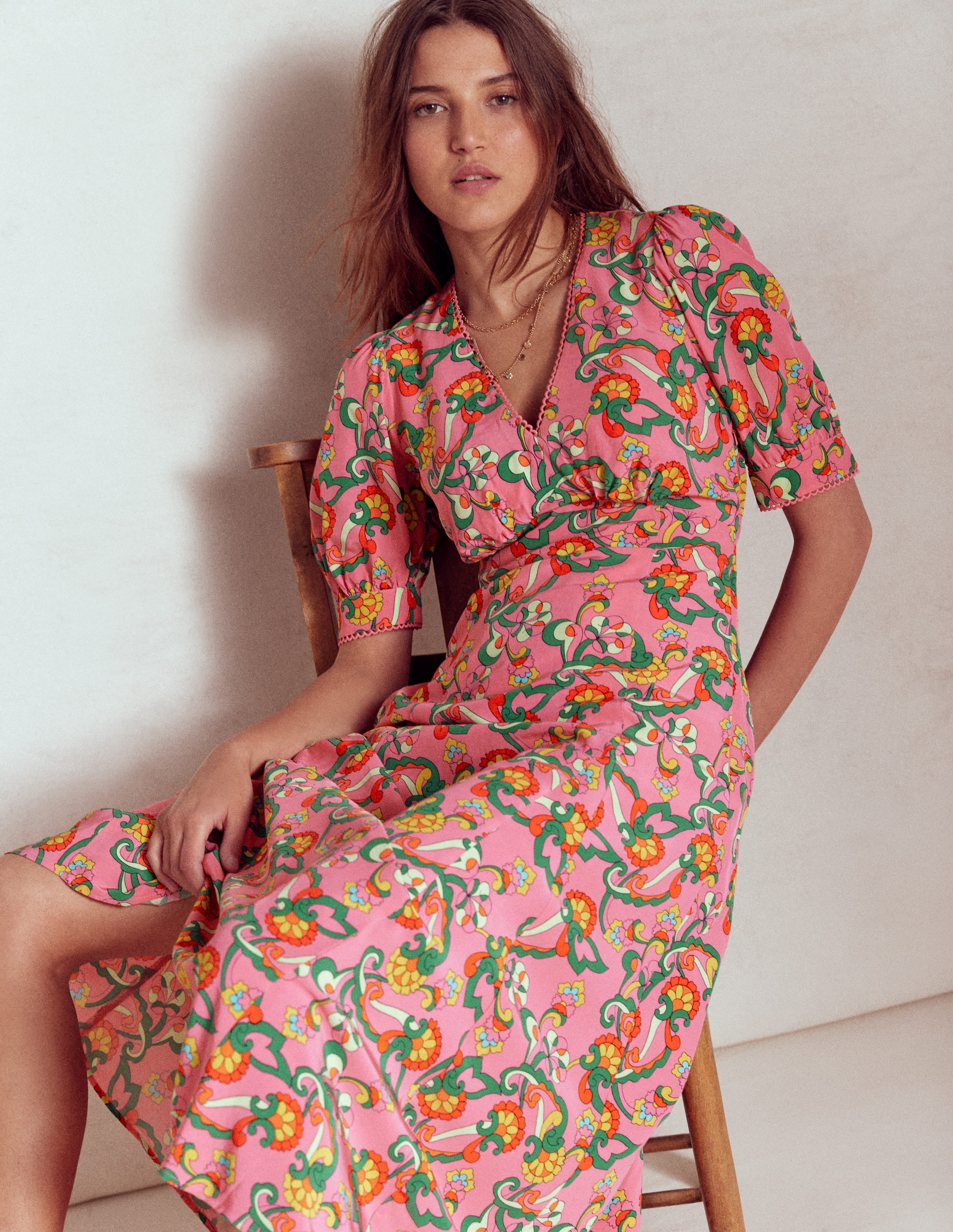 Rosie Godet Tea Dress-Pink Rose, Foliage Trail - Image 1