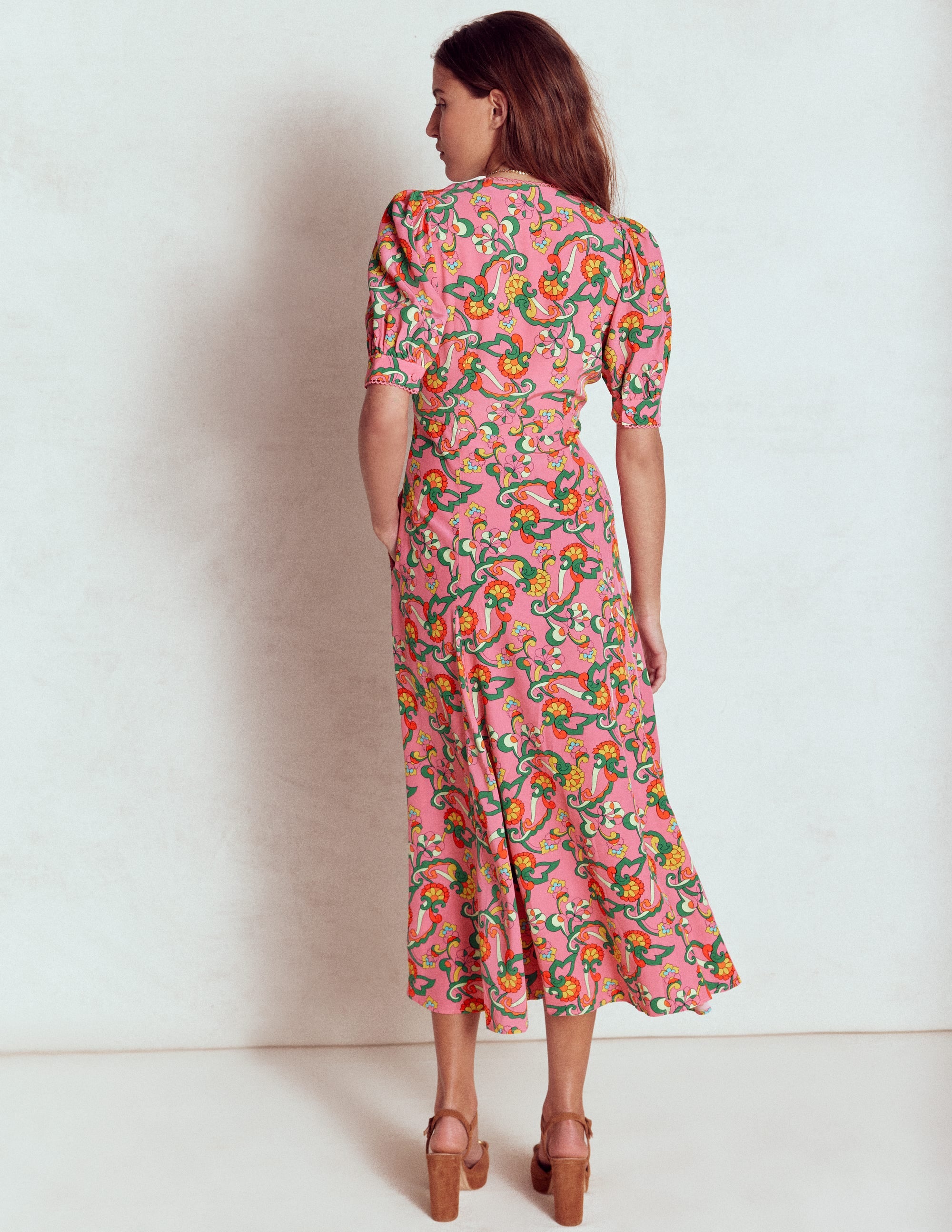 Rosie Godet Tea Dress-Pink Rose, Foliage Trail - Image 3