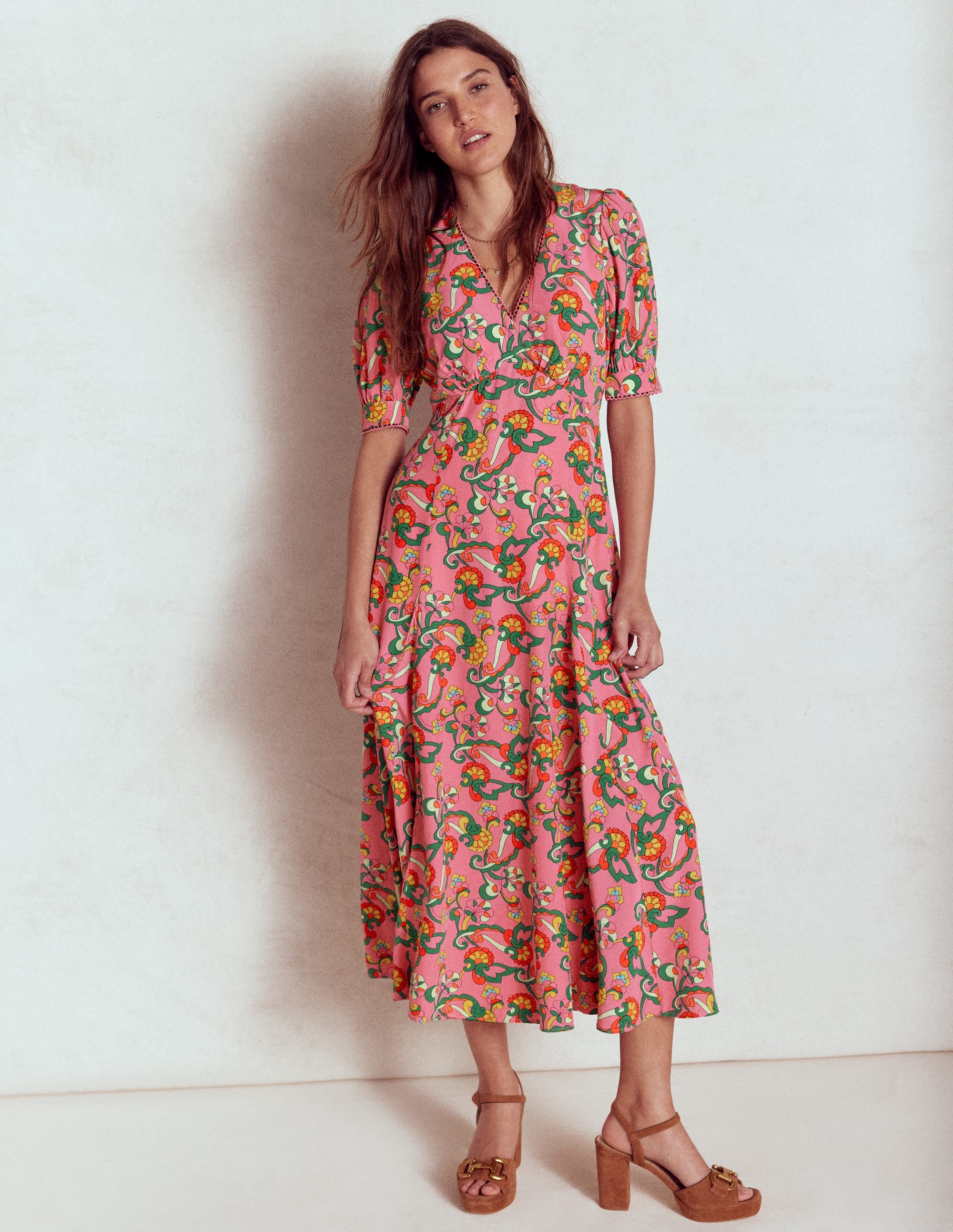 Rosie Godet Tea Dress-Pink Rose, Foliage Trail - Image 4