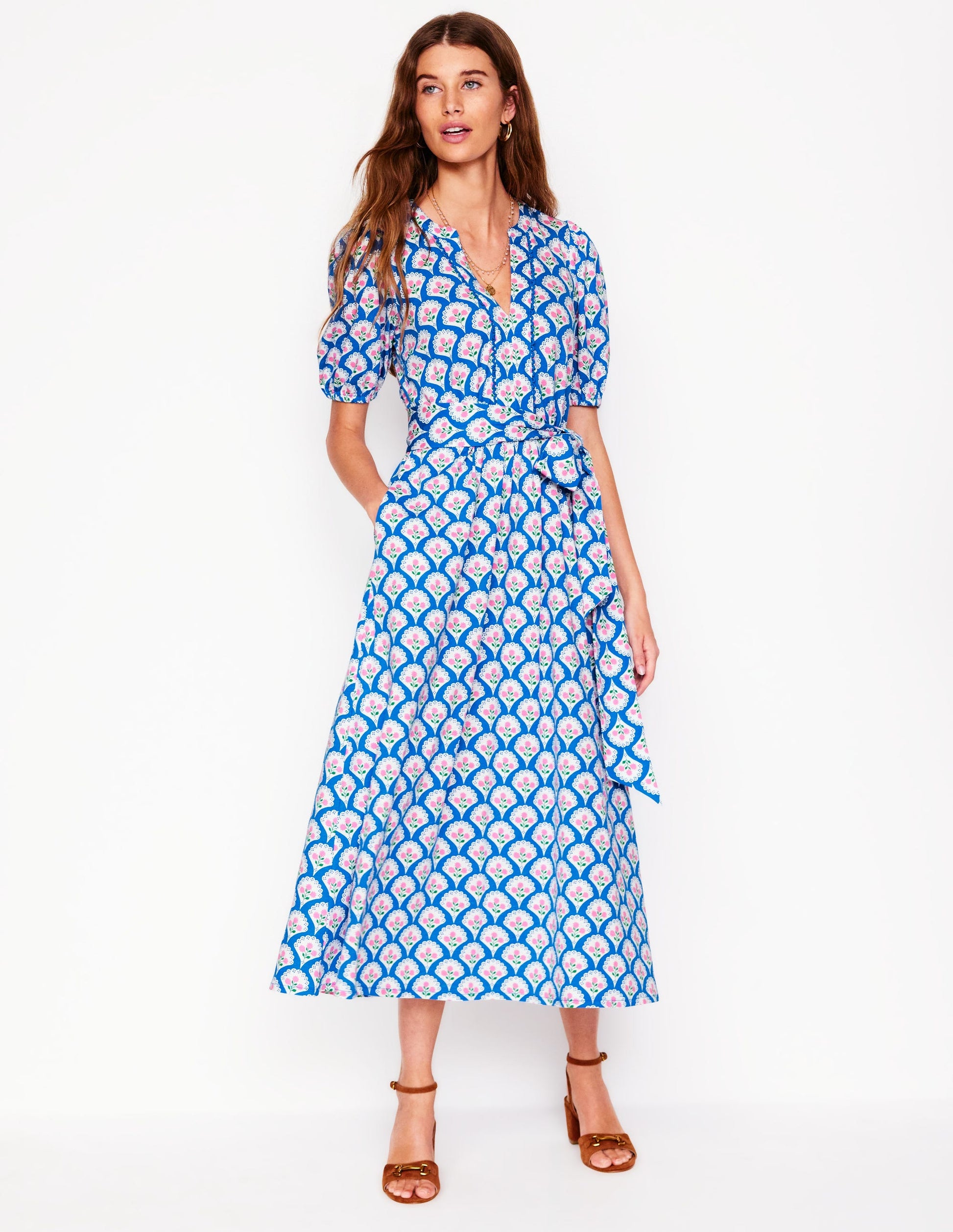 Sofia Trim Jersey Midi Dress-Bright Blue, Blossom Terrace | Boden AU Sofia Trim Jersey Midi Dress-Bright Blue, Blossom Terrace | Boden AU
