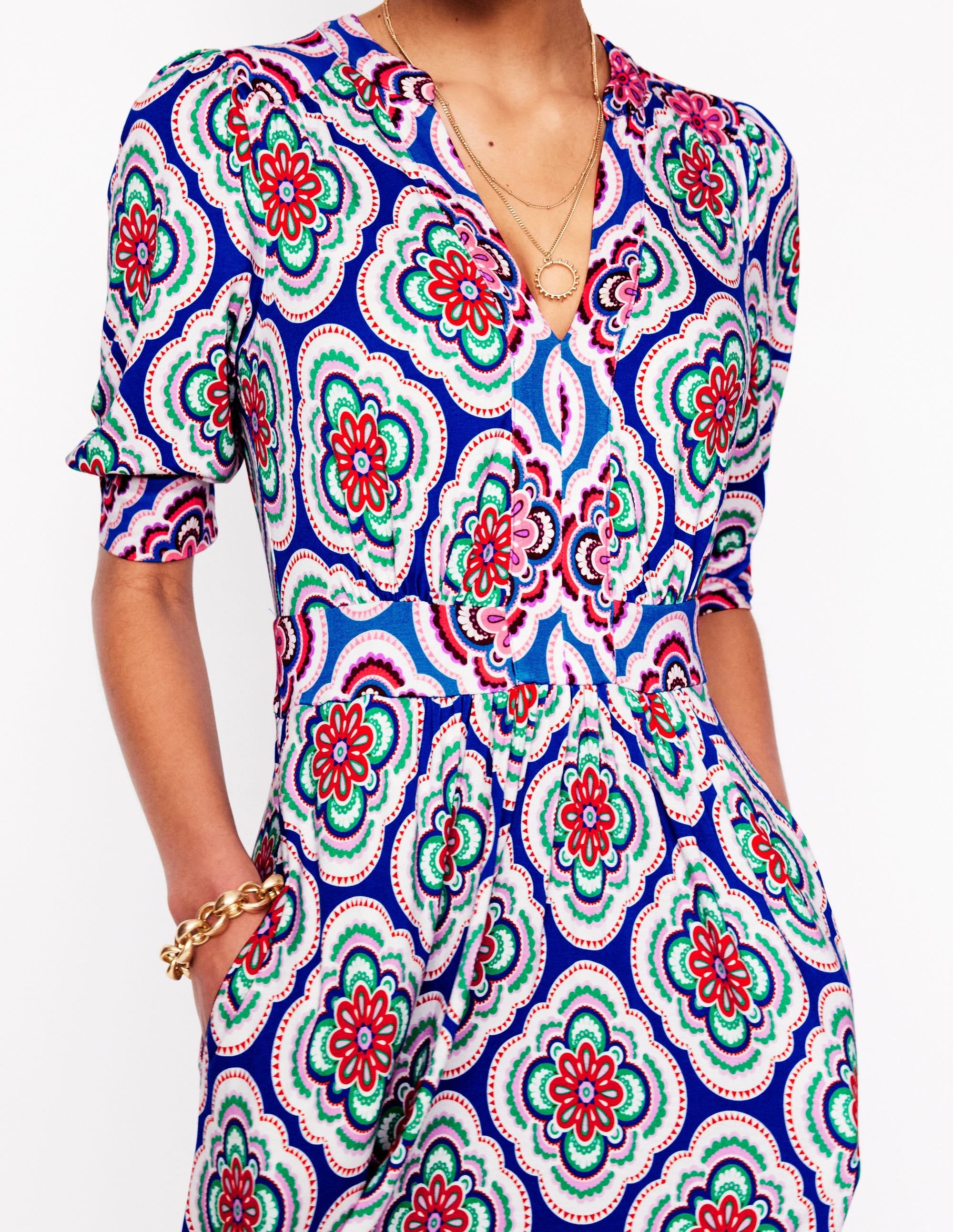 Lily Jersey Midi Tea Dress-Bright Blue, Botanic Blush - Image 2