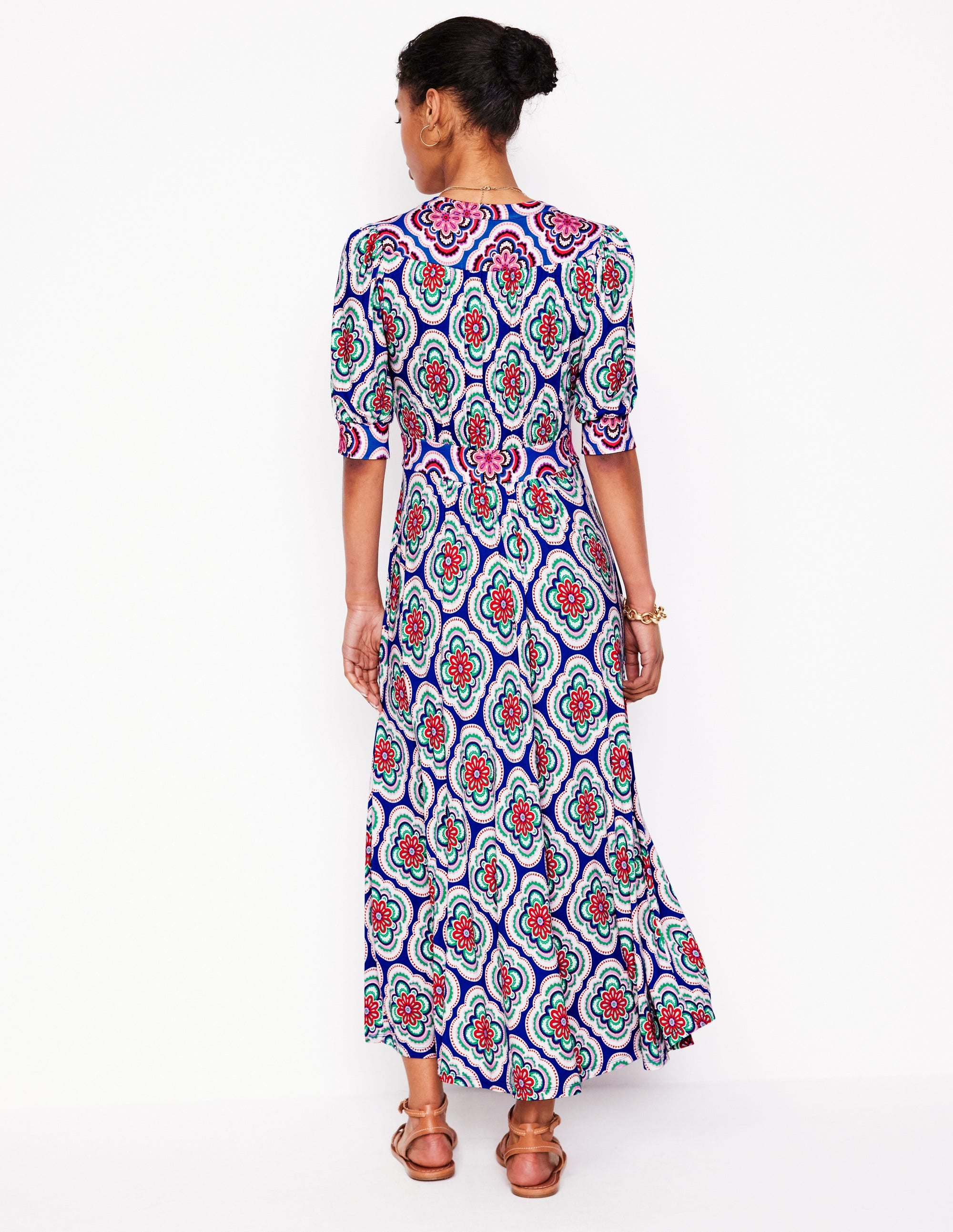 Lily Jersey Midi Tea Dress-Bright Blue, Botanic Blush - Image 3