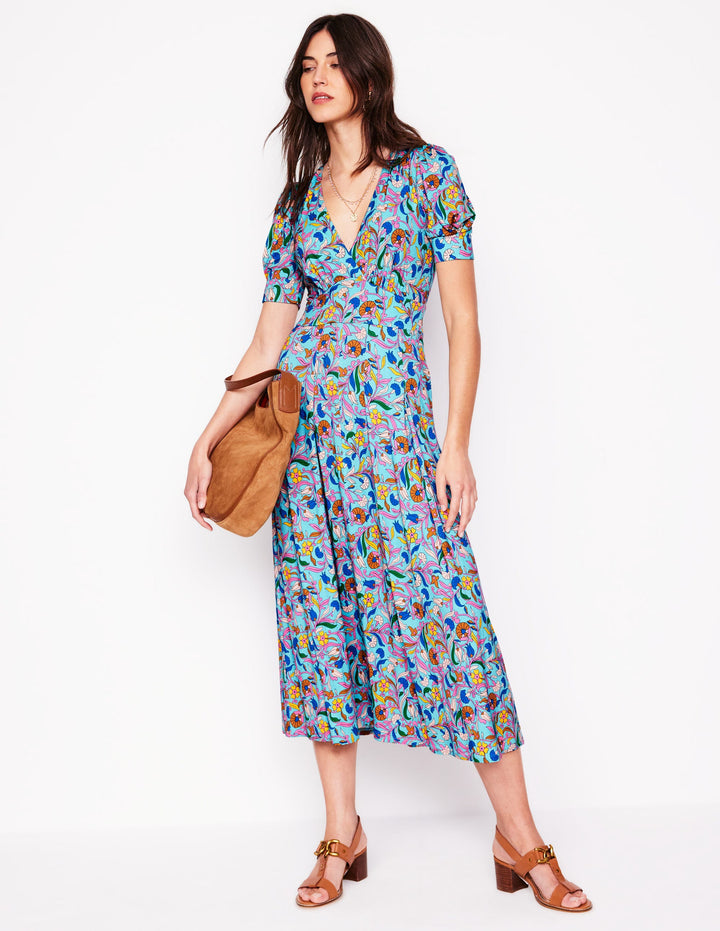 Kristen Pleated Jersey Dress-Blue, Enchanting Vine