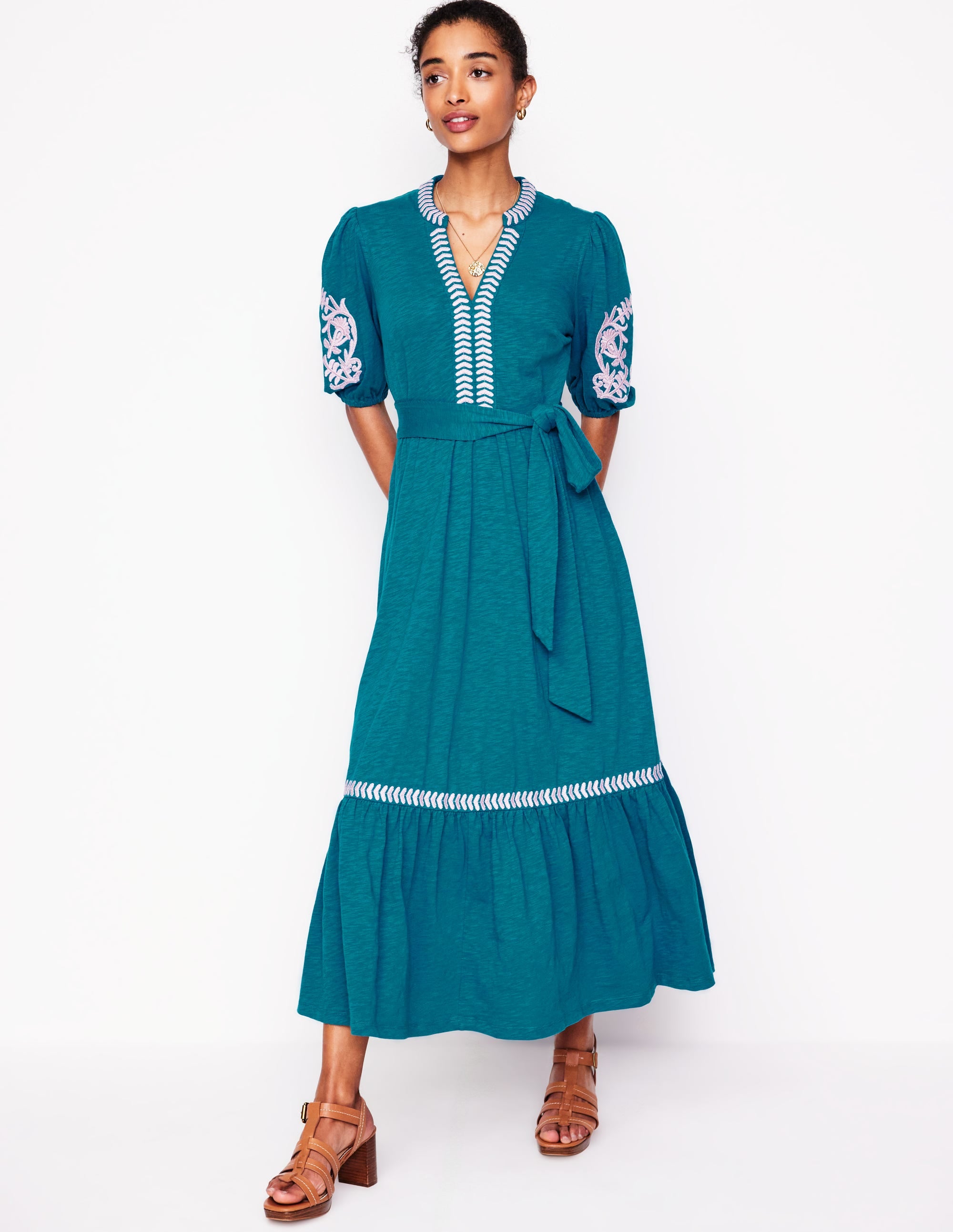 Amara Embroidered Jersey Dress-Deep Sea, Meadowsweet Pink - Image 1