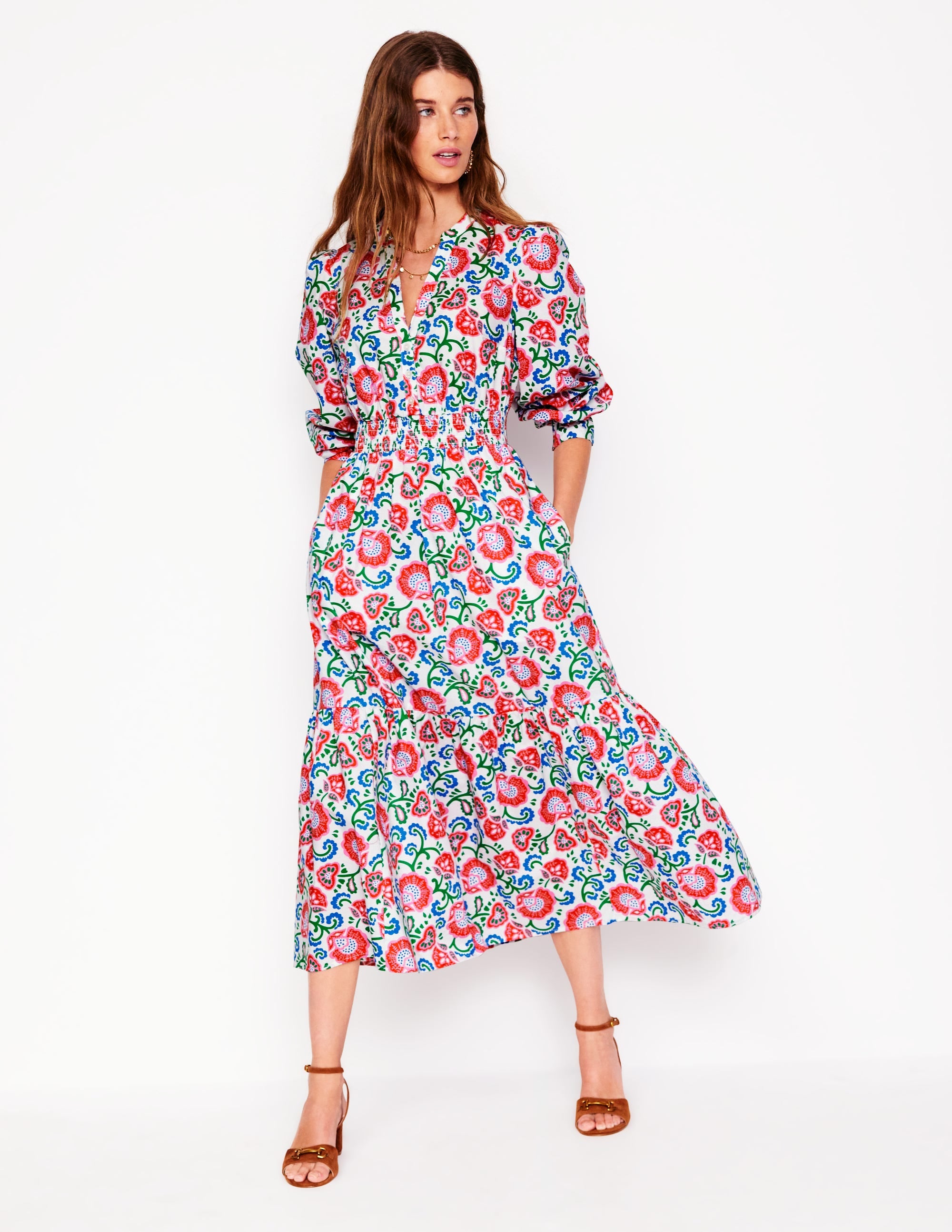 Elena Tiered Cotton Midi Dress-Ivory, Garden Vine - Image 1