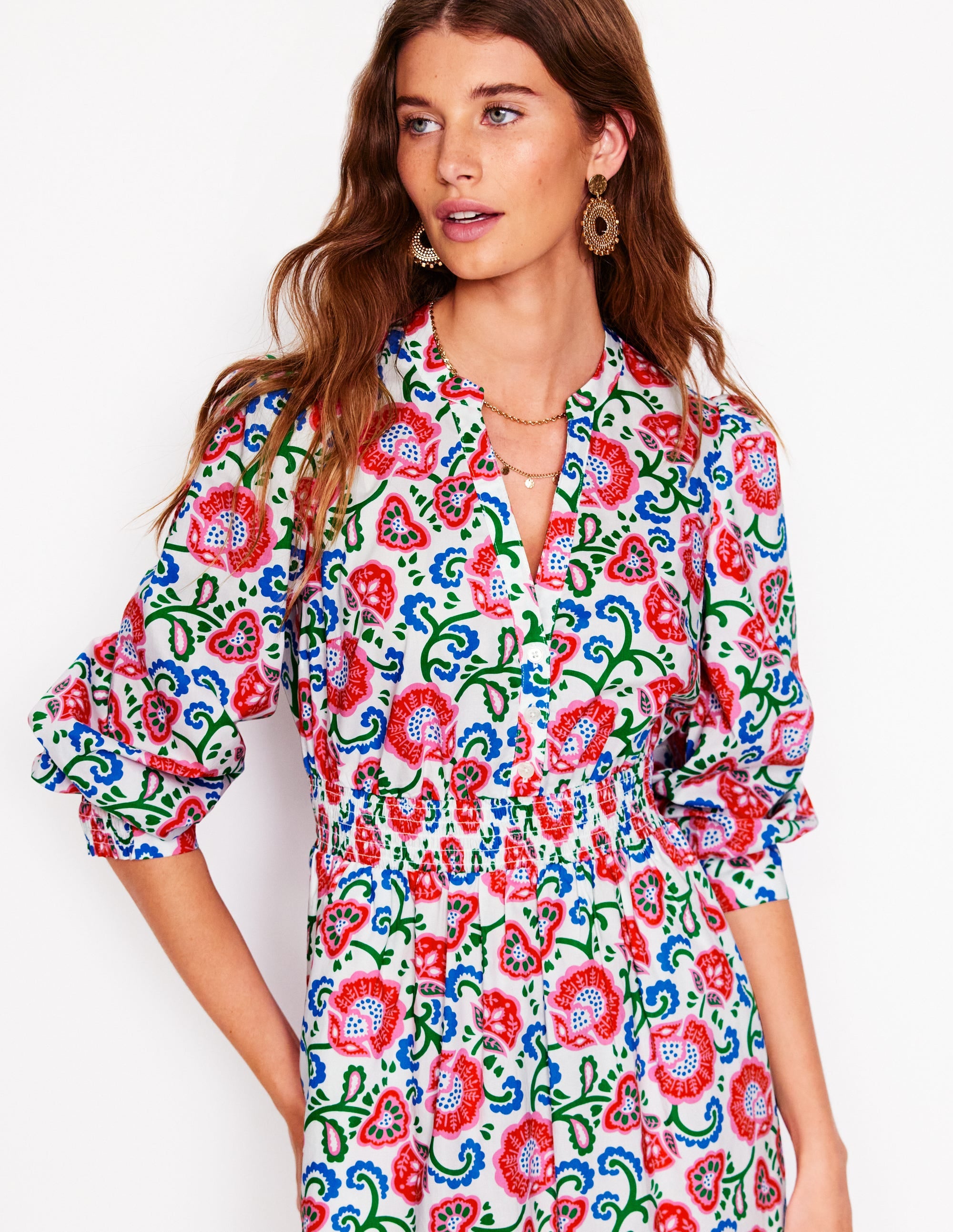 Elena Tiered Cotton Midi Dress-Ivory, Garden Vine - Image 2