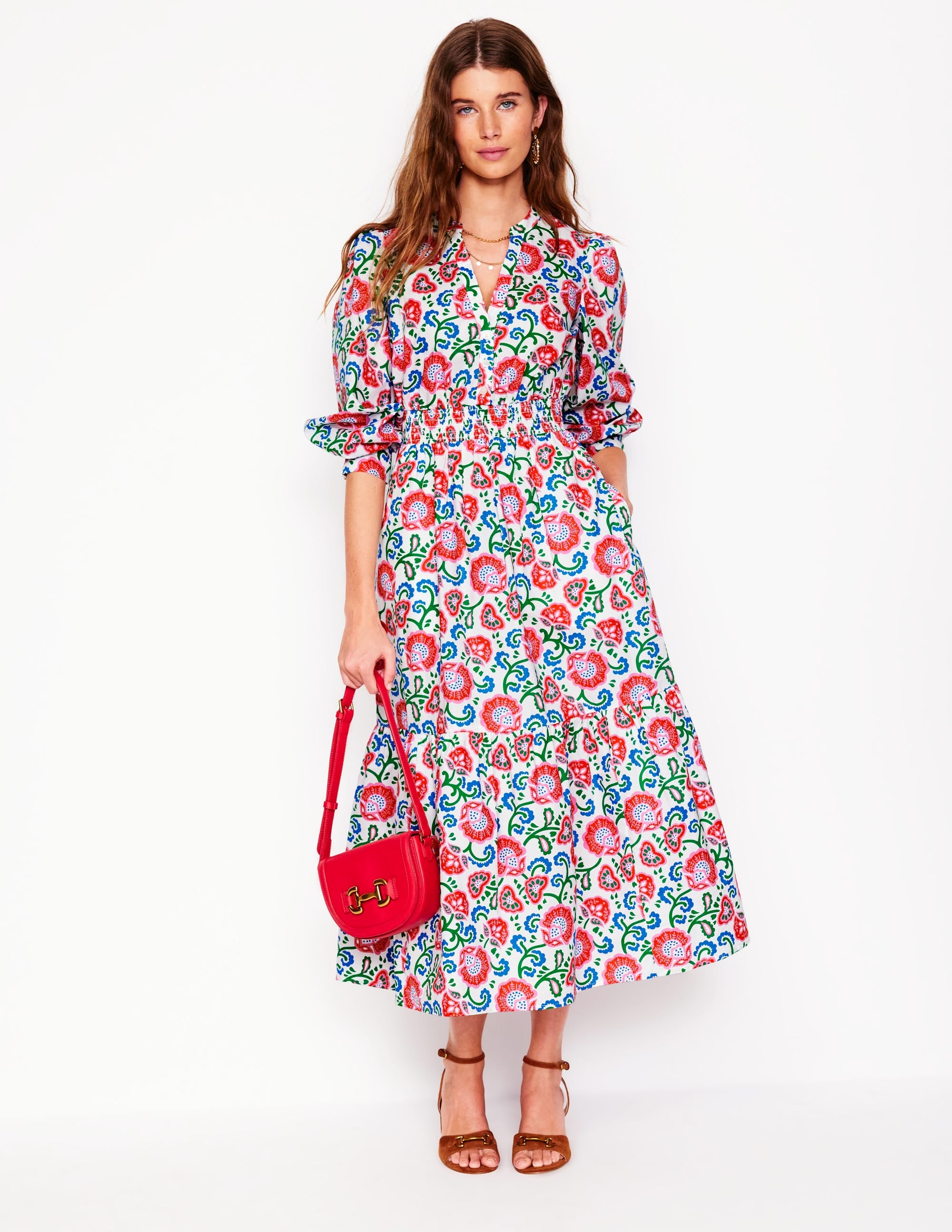 Elena Tiered Cotton Midi Dress-Ivory, Garden Vine - Image 4