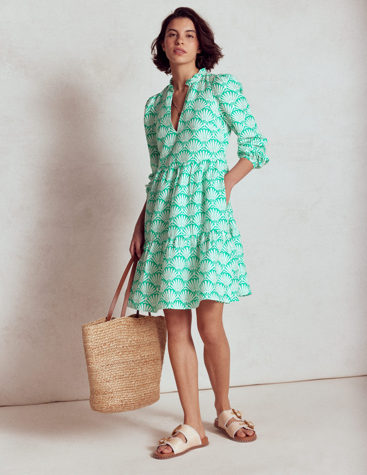 Esme Linen Mini Dress-Aquamarine Blue, Deco Palm - Image 1