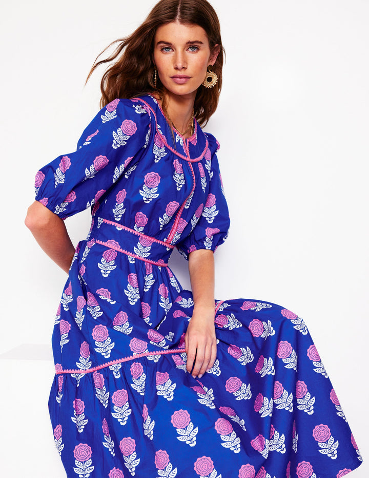 Rhea Embroidered Midi Dress-Gallery Blue, Dahlia Sprig