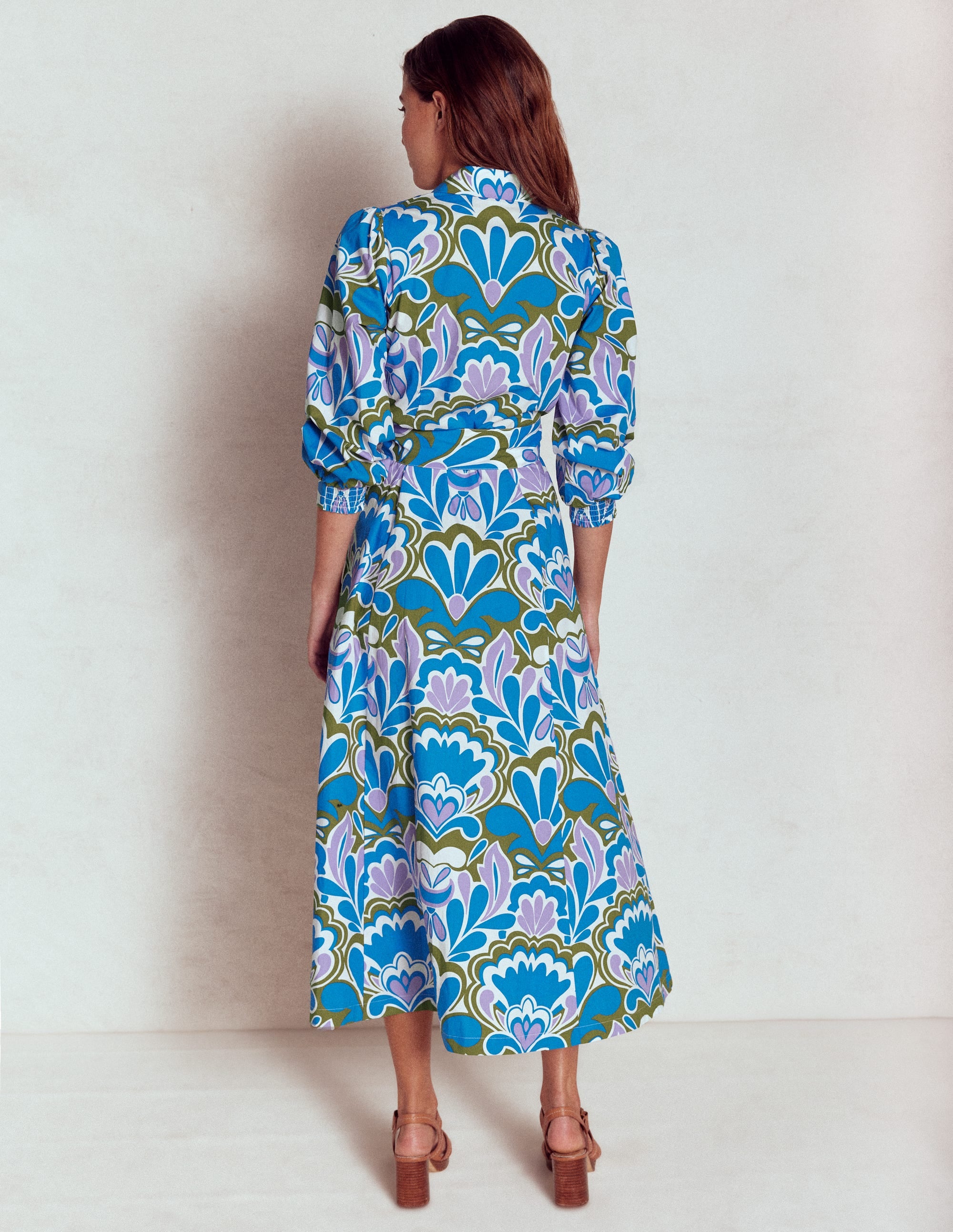 Clara Cotton Shirt Dress-Kingfisher Blue, Freesia Stamp - Image 5