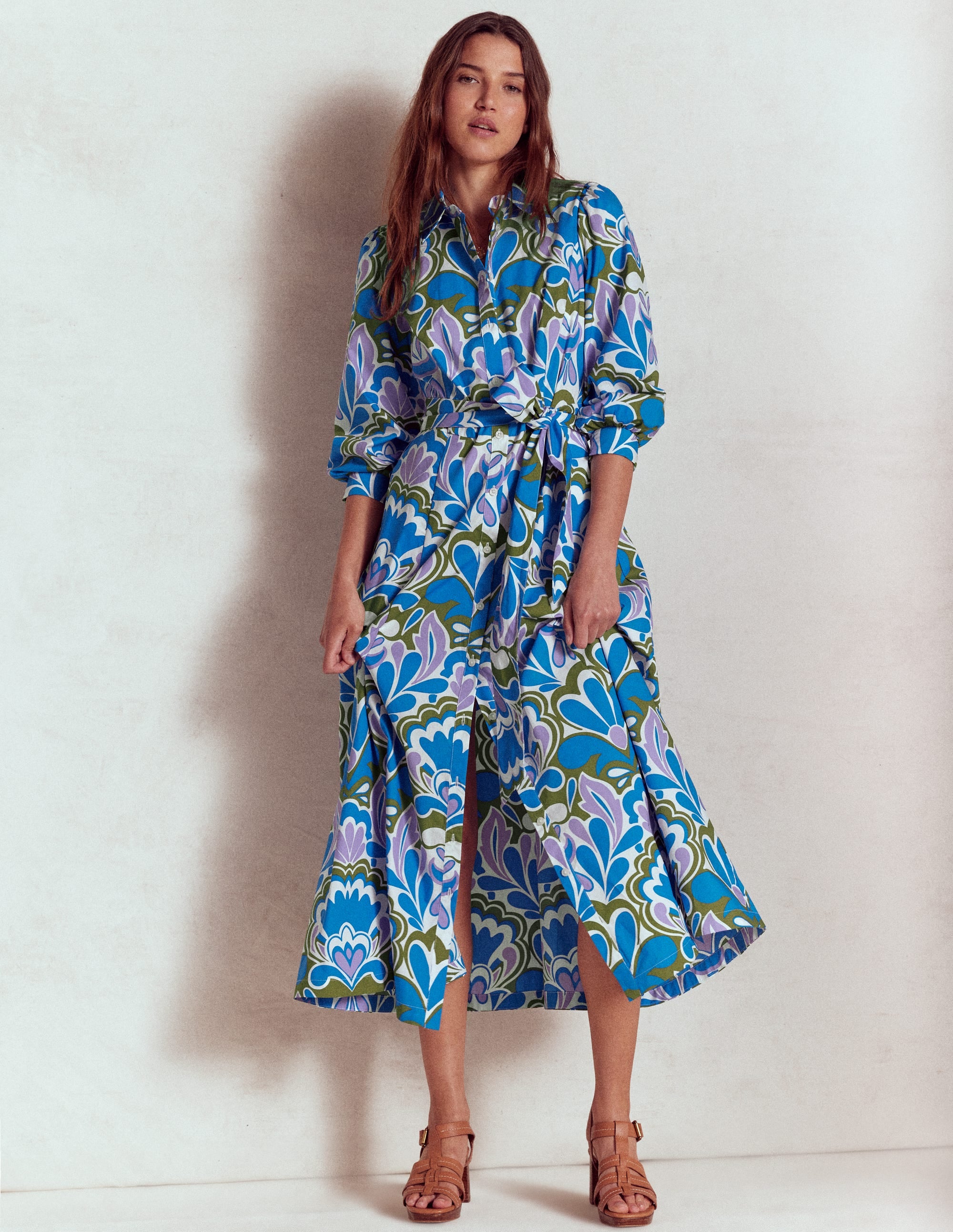 Clara Cotton Shirt Dress-Kingfisher Blue, Freesia Stamp - Image 6