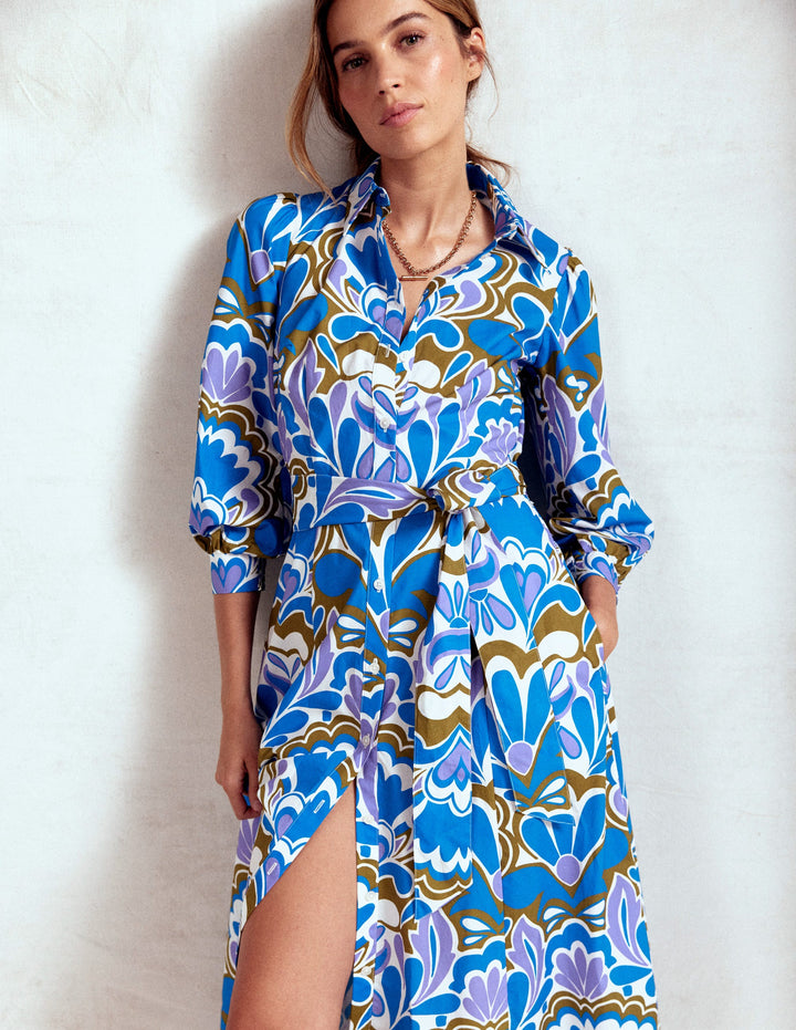 Clara Cotton Shirt Dress-Kingfisher Blue, Freesia Stamp