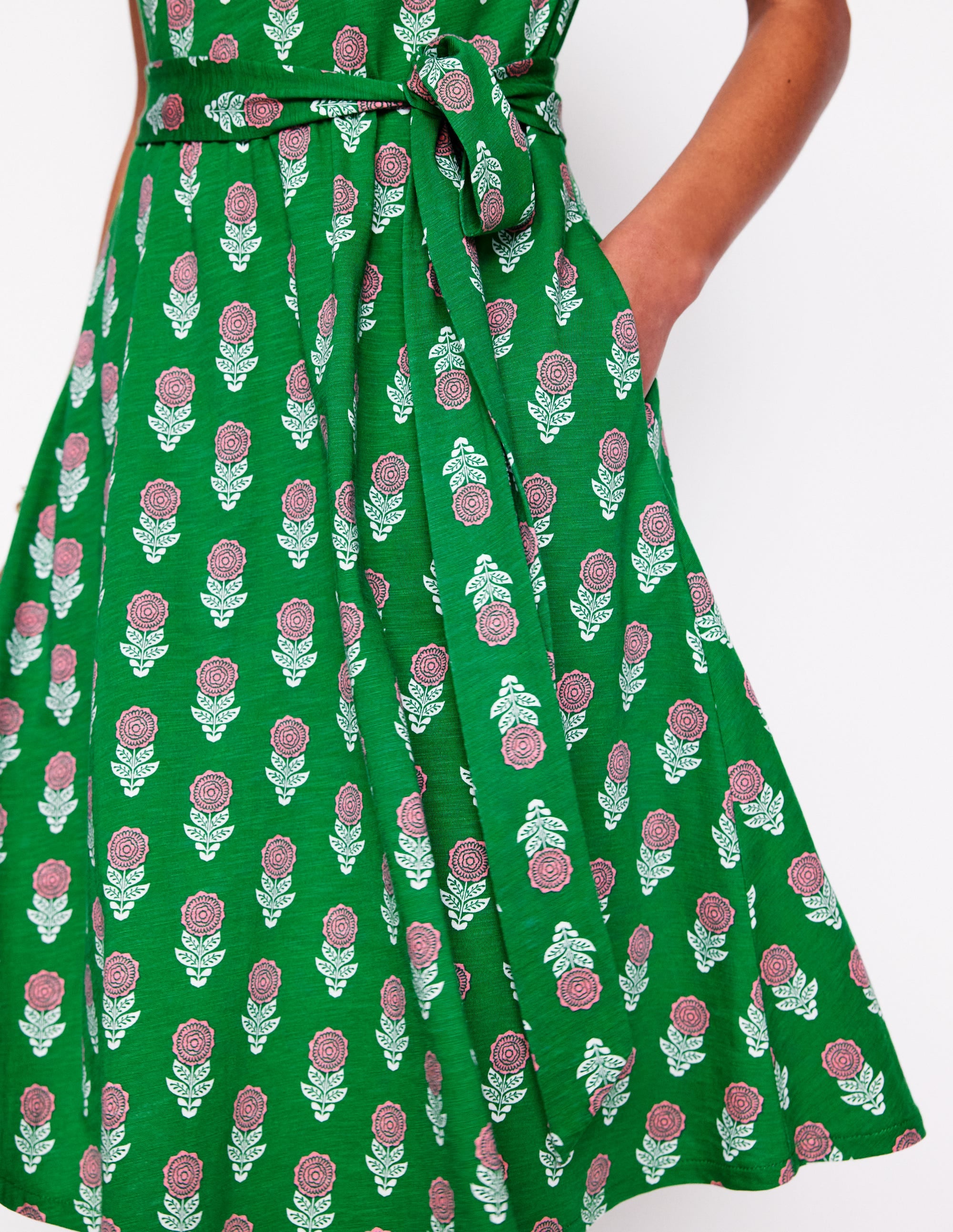 Mila Trim Short Jersey Dress-Rich Emerald, Dahlia Sprig - Image 2