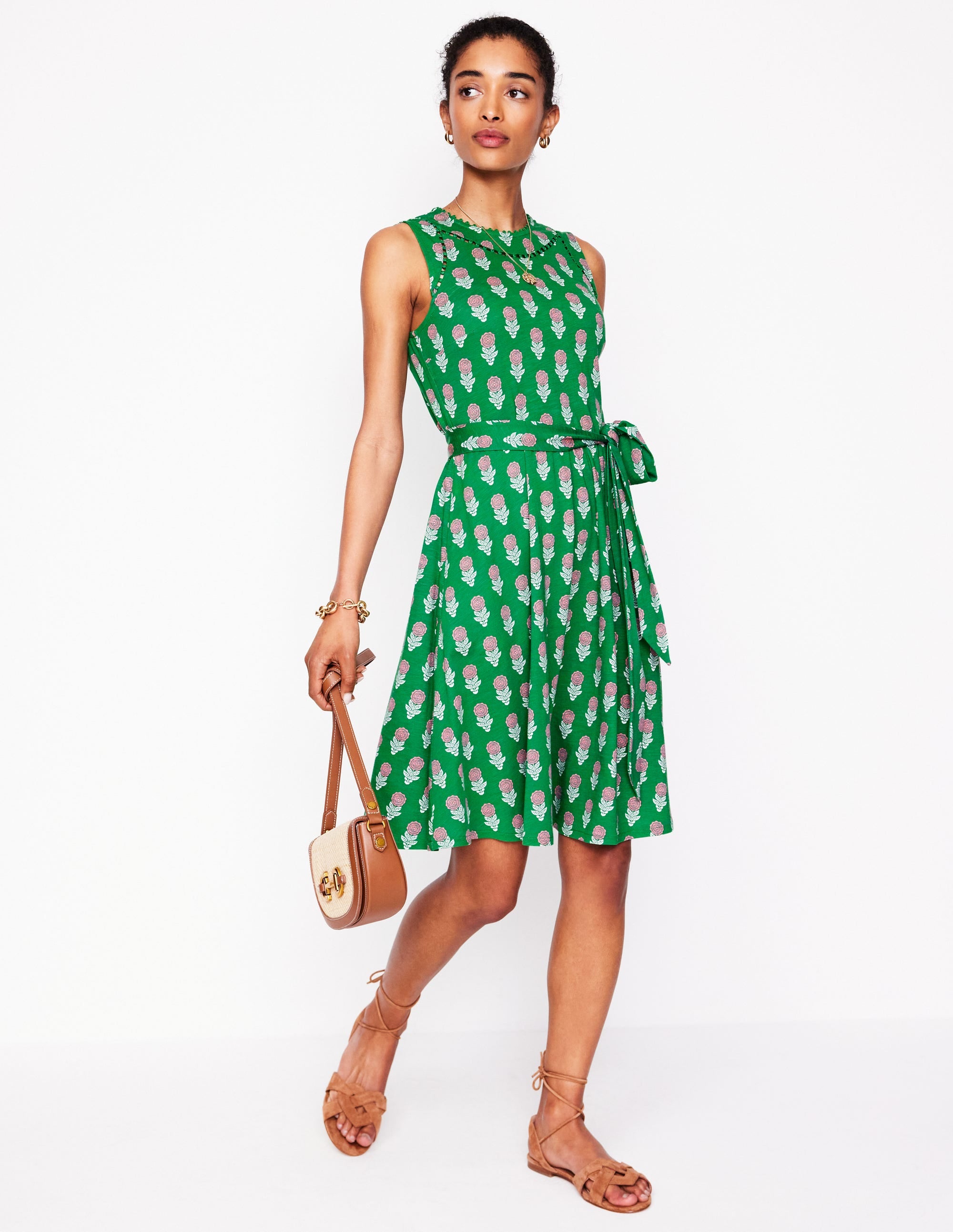 Mila Trim Short Jersey Dress-Rich Emerald, Dahlia Sprig - Image 4