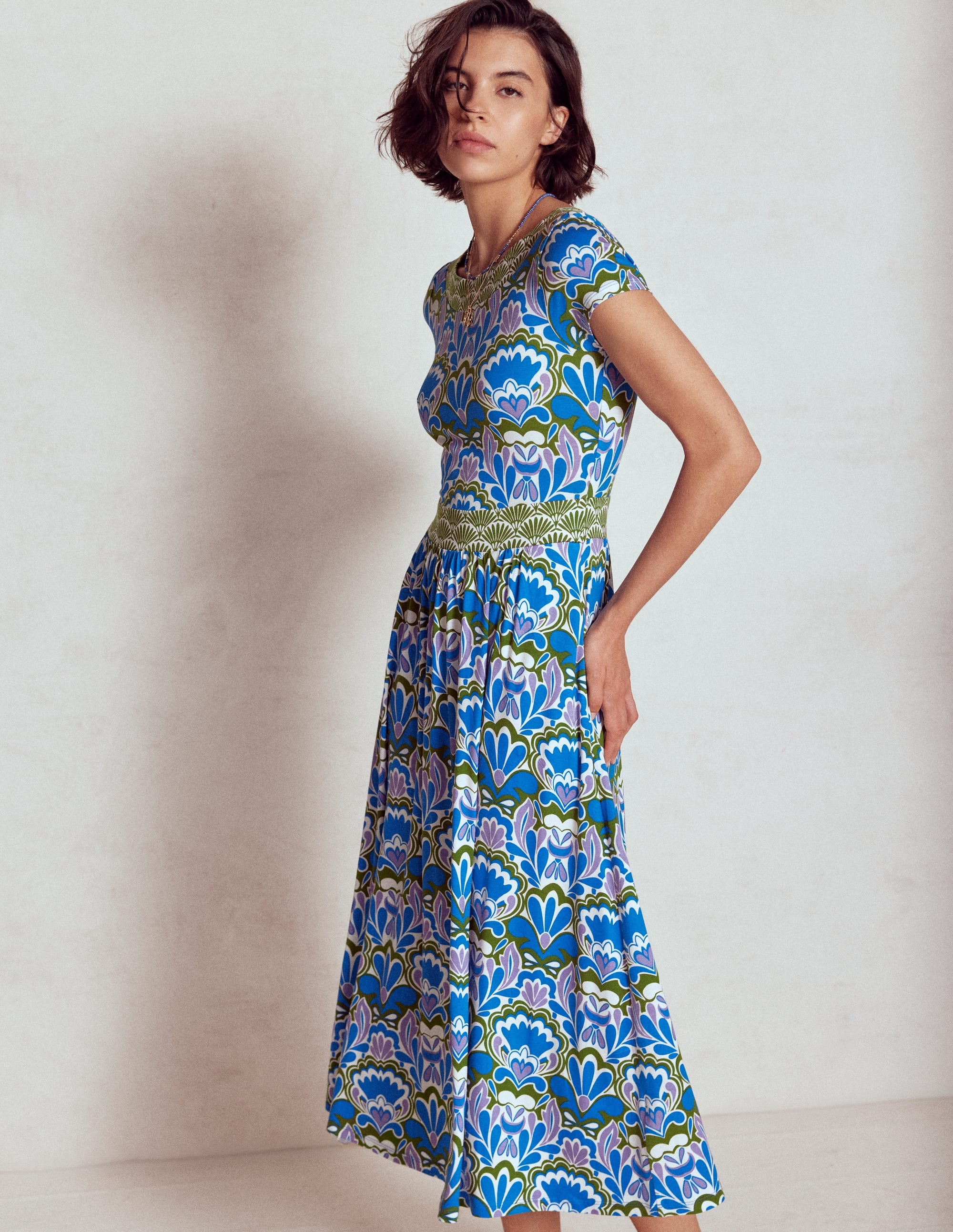 Melanie Jersey Midi Dress-Kingfisher Blue, Freesia Stamp - Image 1