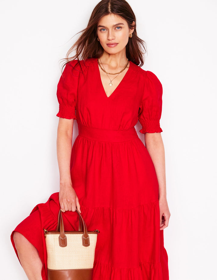 Anna Linen Tiered Midi Dress-Poppy Red