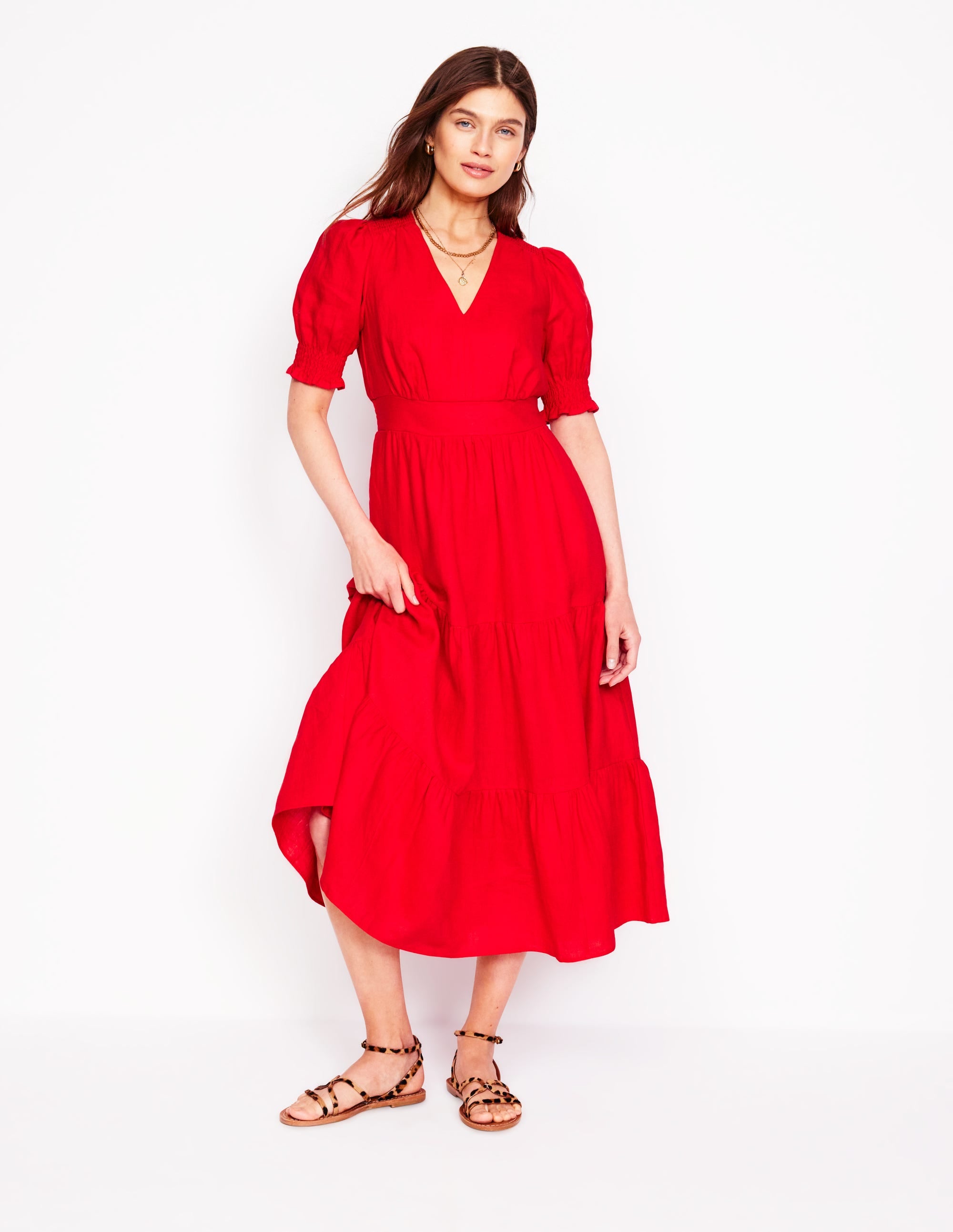 Anna Linen Tiered Midi Dress-Poppy Red - Image 4