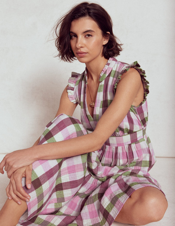 Wren Double Cloth Midi Dress-Pink and Green Multigingham