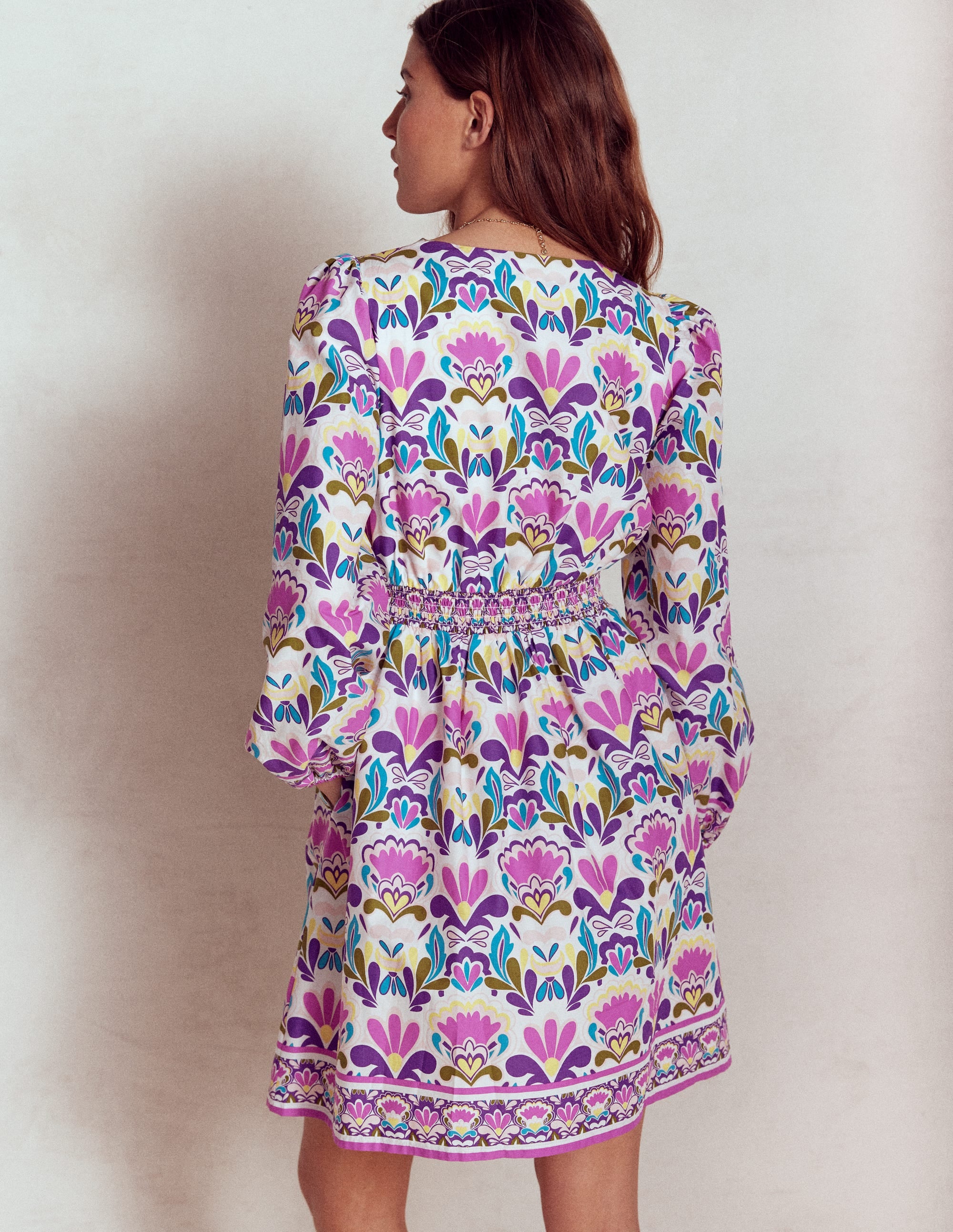 Mya Cotton Short Dress-Royal Purple, Freesia Stamp - Image 3