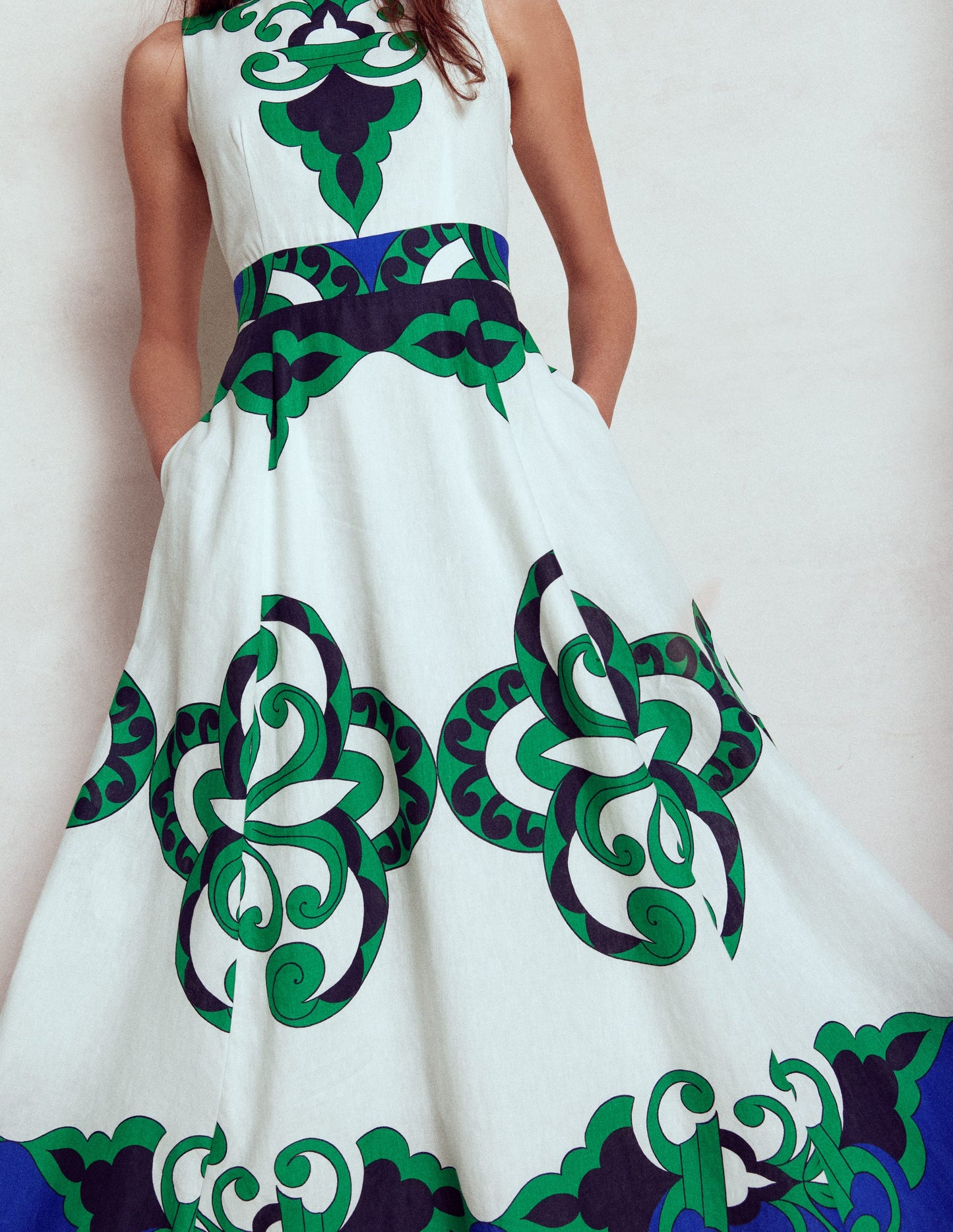 Sleeveless Linen Blend Dress-Ivory, Ornate Reflection