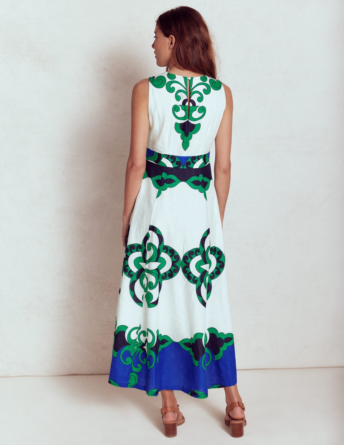 Sleeveless Linen Blend Dress-Ivory, Ornate Reflection