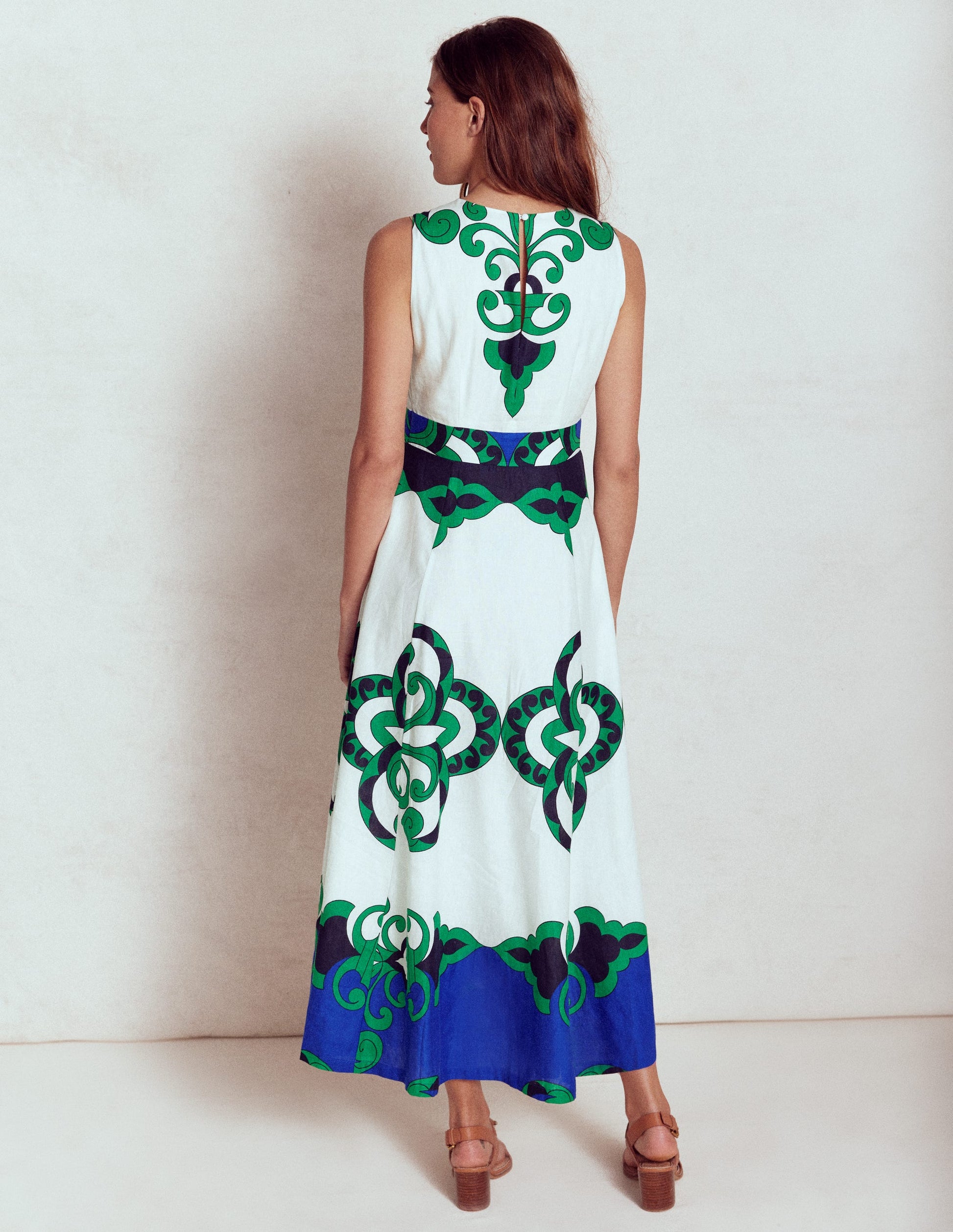 Sleeveless Linen Blend Dress-Ivory, Ornate Reflection-5