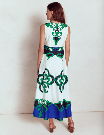 Sleeveless Linen Blend Dress-Ivory, Ornate Reflection-5