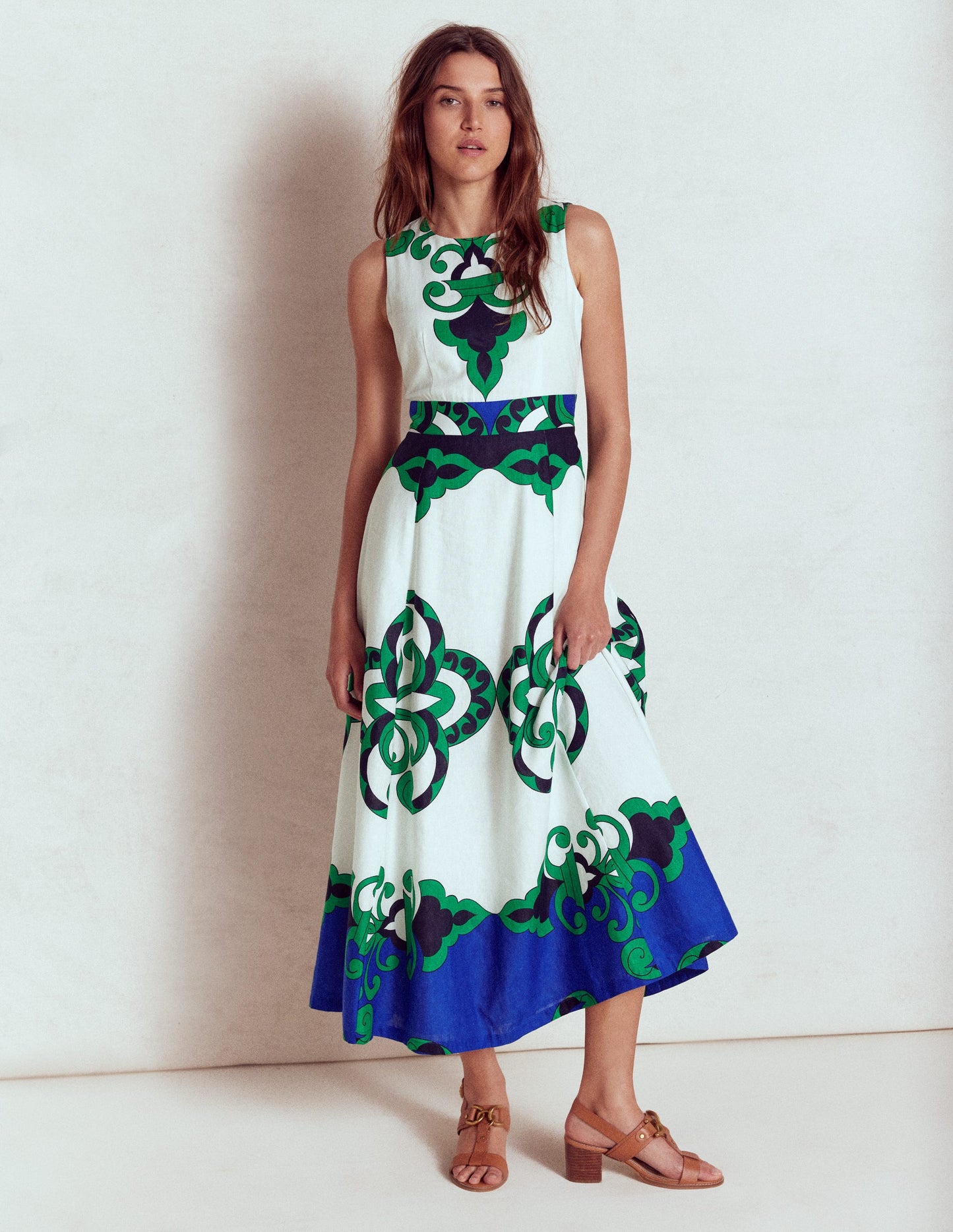 Sleeveless Linen Blend Dress-Ivory, Ornate Reflection